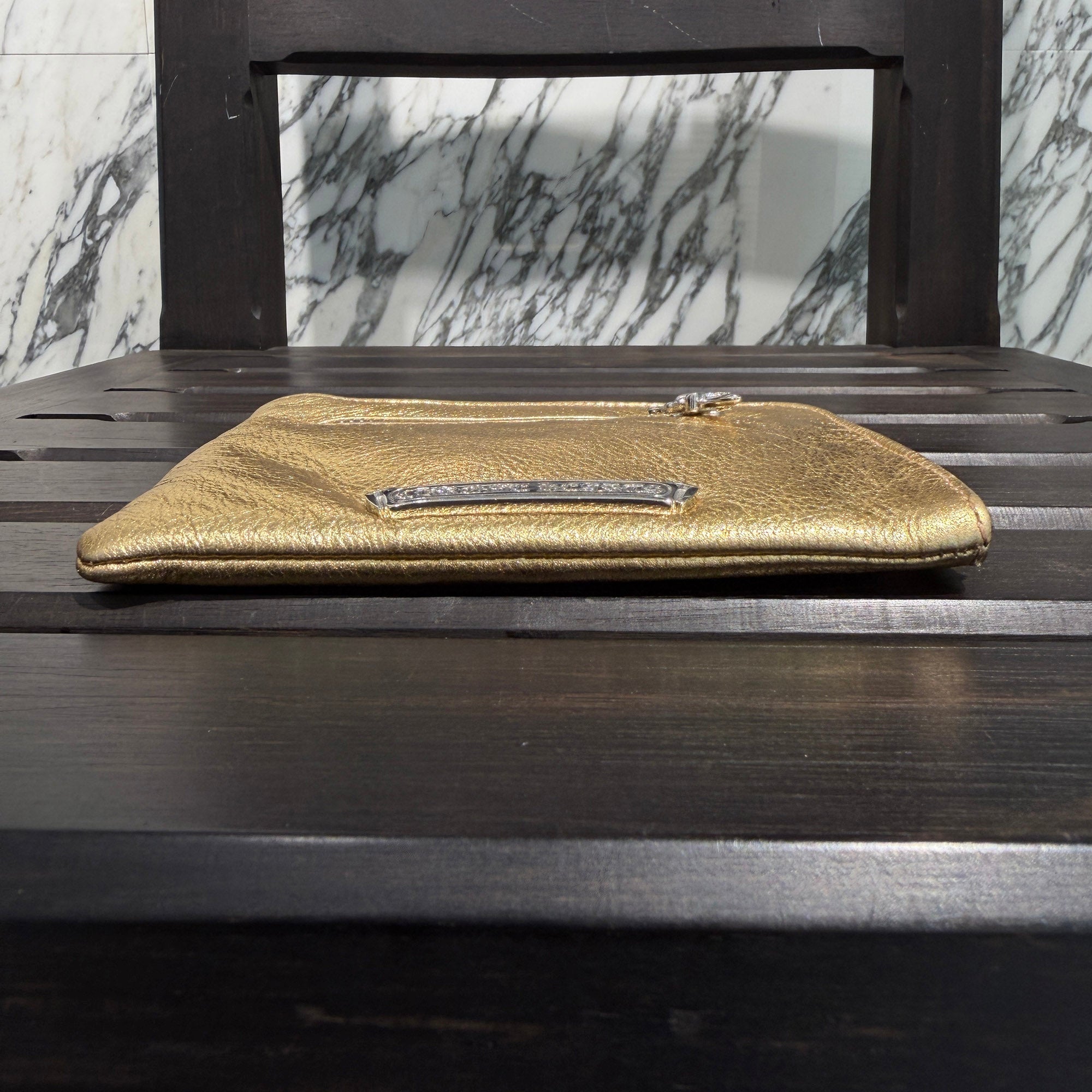 CHROME HEARTS Metallic Gold Leather Zippered Coin Purse クロムハーツ メタリック ゴールドレザー ジッパー コインパース
