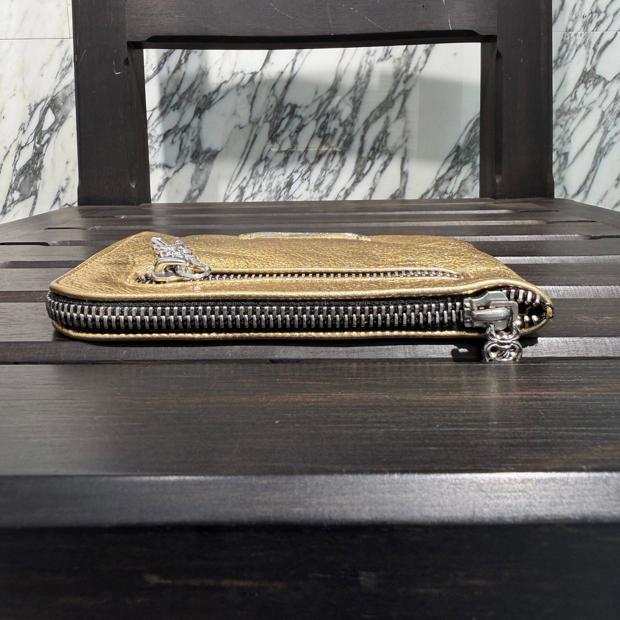 CHROME HEARTS Metallic Gold Leather Zippered Coin Purse クロムハーツ メタリック ゴールドレザー ジッパー コインパース