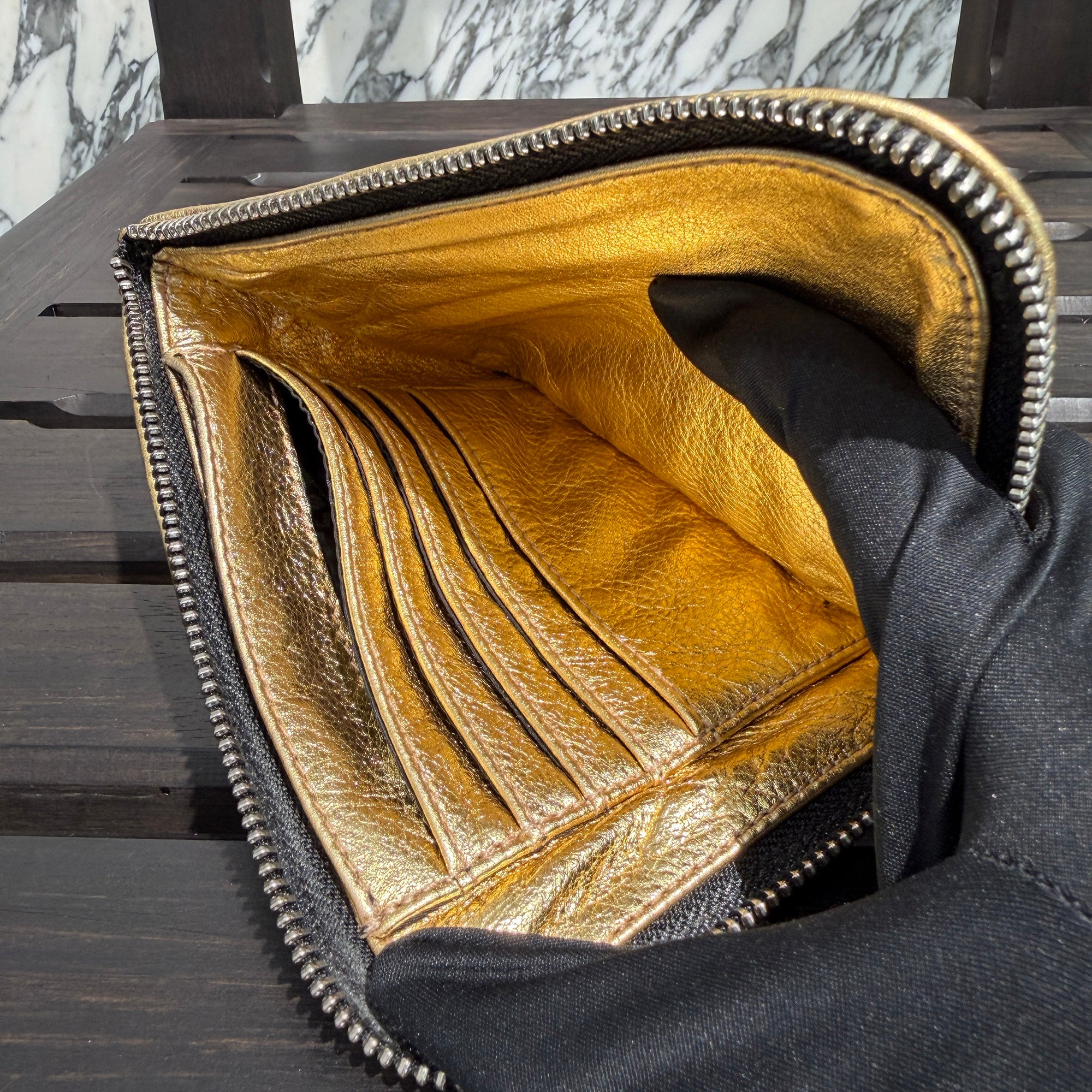 CHROME HEARTS Metallic Gold Leather Zippered Coin Purse クロムハーツ メタリック ゴールドレザー ジッパー コインパース