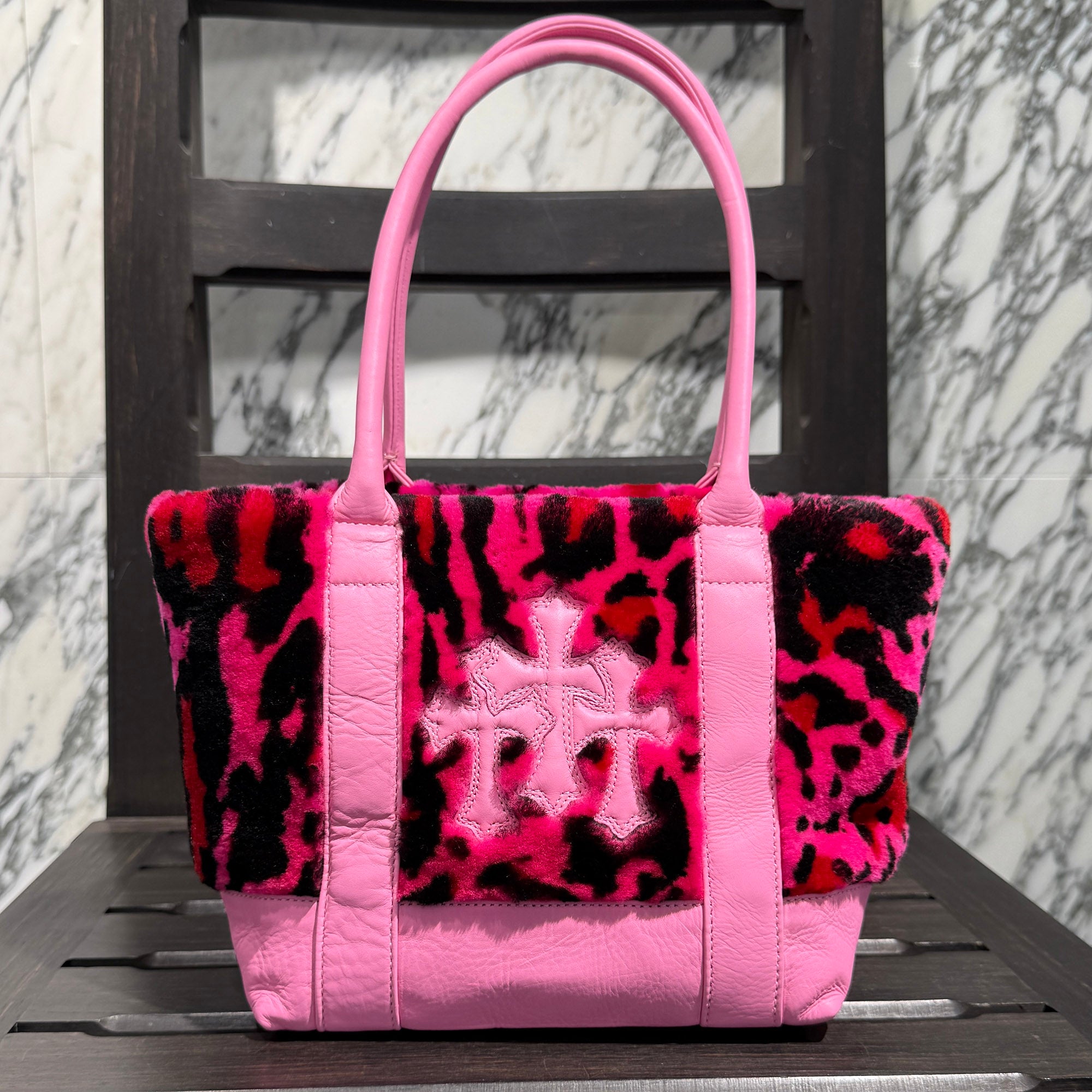 CHROME HEARTS 3 Cemetery Cross Patch Fur Leather Tote Mini Bag クロムハーツ 3セメタリークロスパッチ ファーレザートートミニバッグ