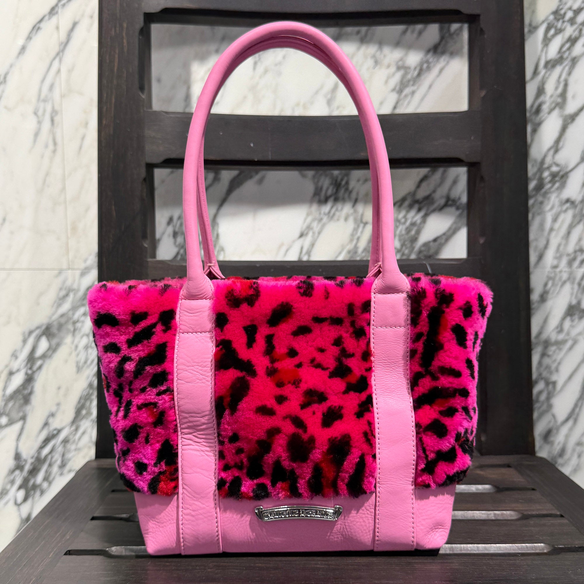 CHROME HEARTS 3 Cemetery Cross Patch Fur Leather Tote Mini Bag クロムハーツ 3セメタリークロスパッチ ファーレザートートミニバッグ