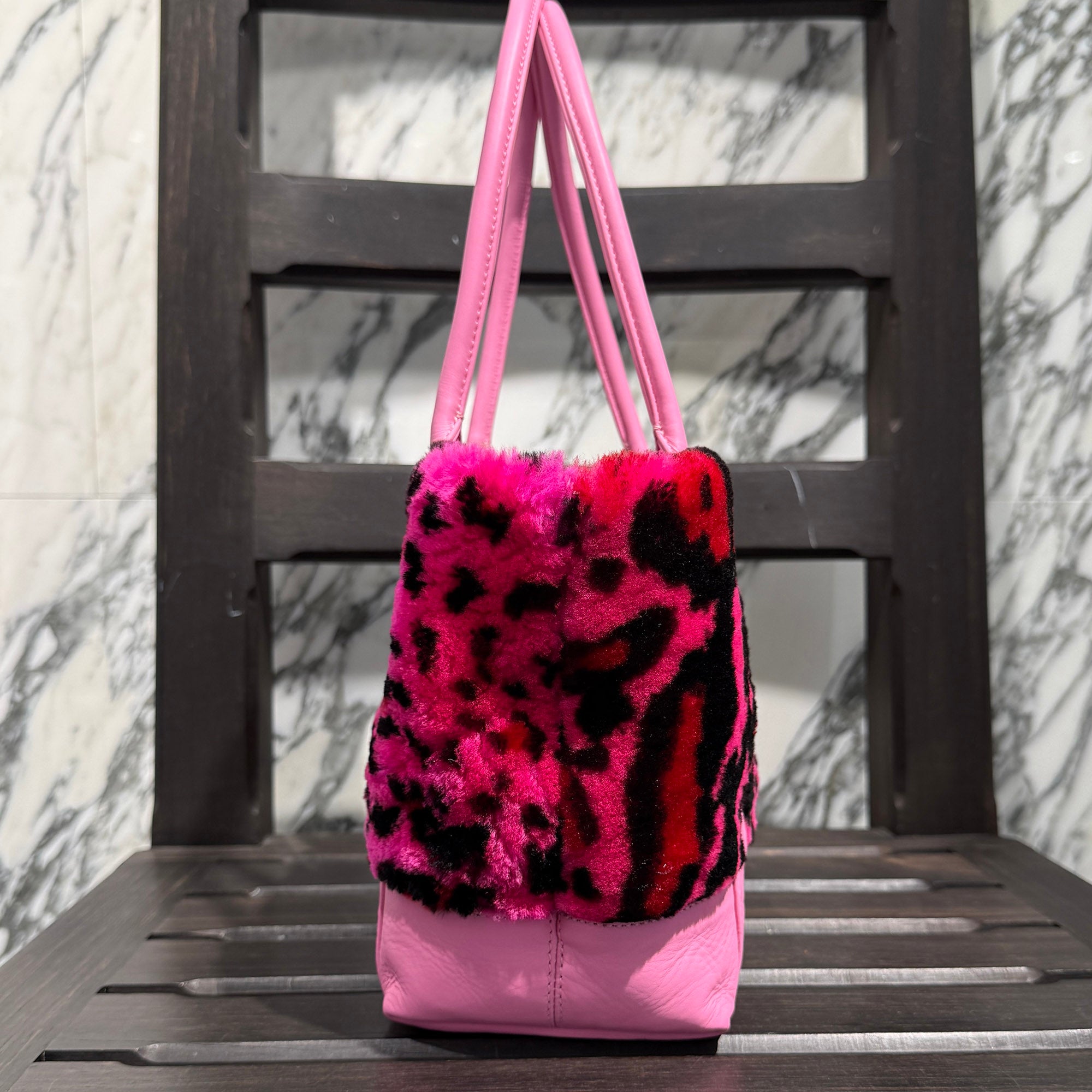 CHROME HEARTS 3 Cemetery Cross Patch Fur Leather Tote Mini Bag