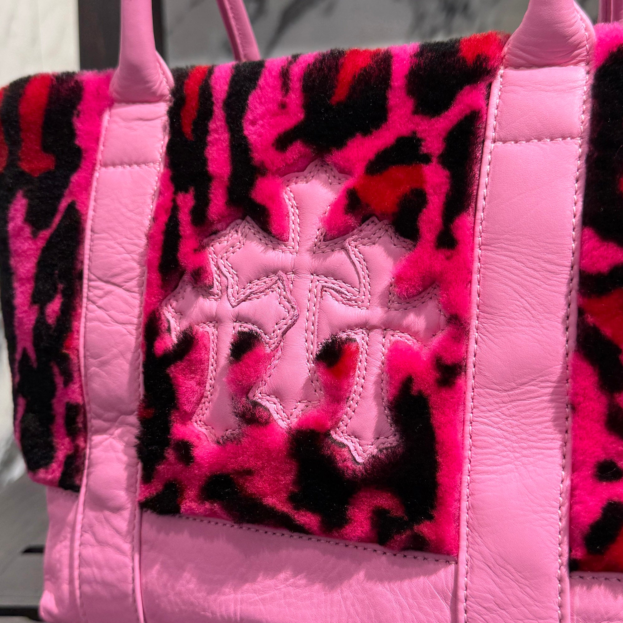 CHROME HEARTS 3 Cemetery Cross Patch Fur Leather Tote Mini Bag