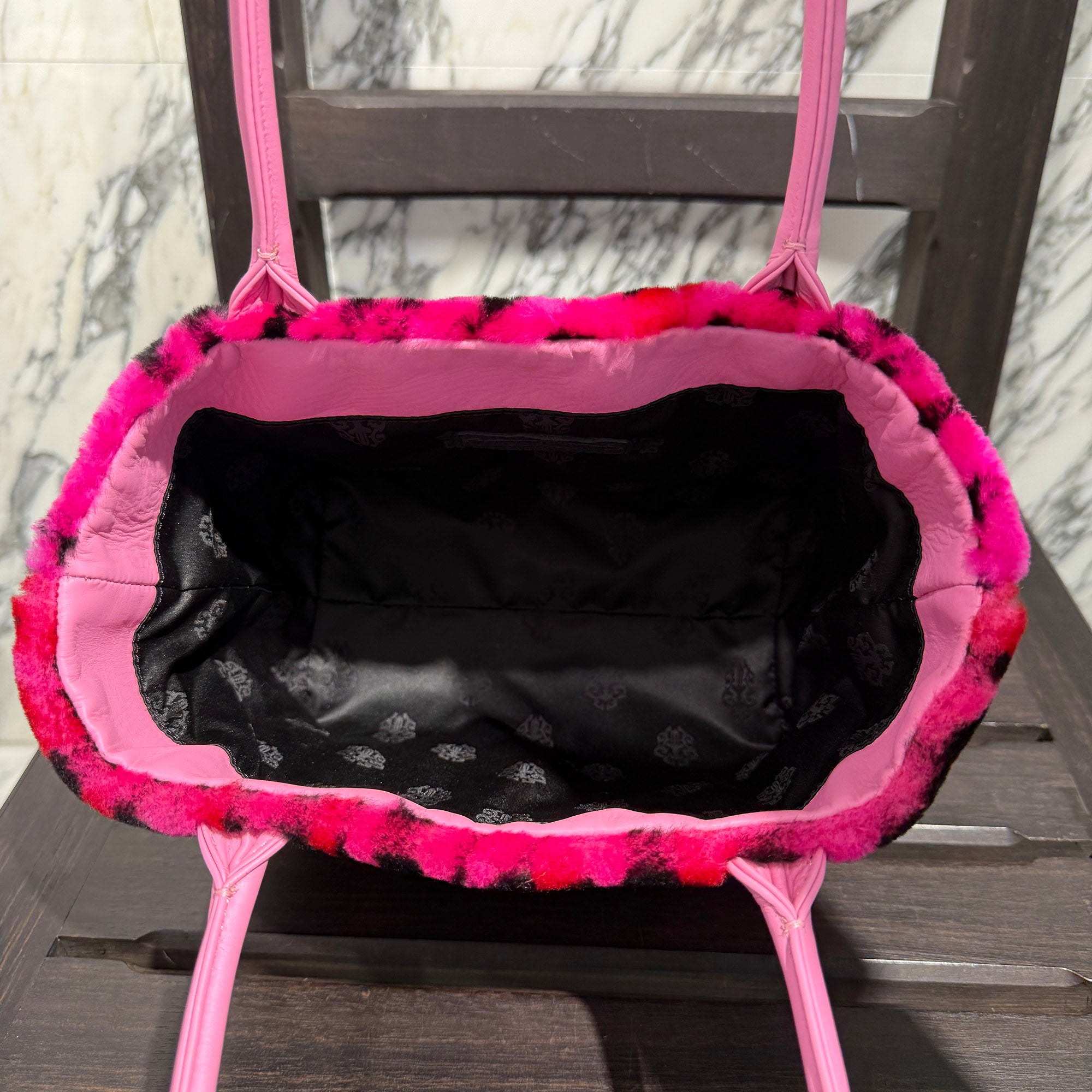 CHROME HEARTS 3 Cemetery Cross Patch Fur Leather Tote Mini Bag クロムハーツ 3セメタリークロスパッチ ファーレザートートミニバッグ