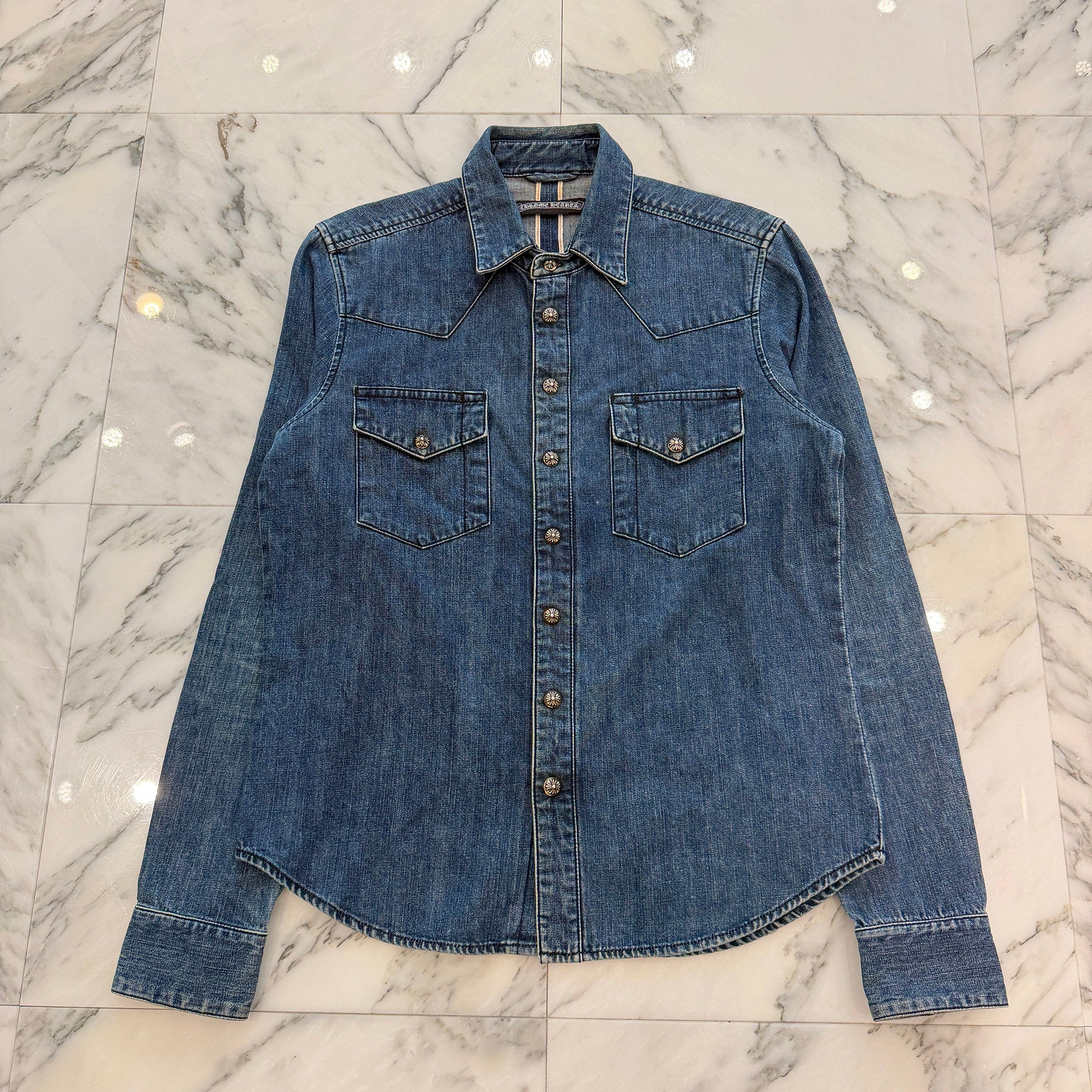 CHROME HEARTS Leather Cross Patch Western Denim Shirt Size SM