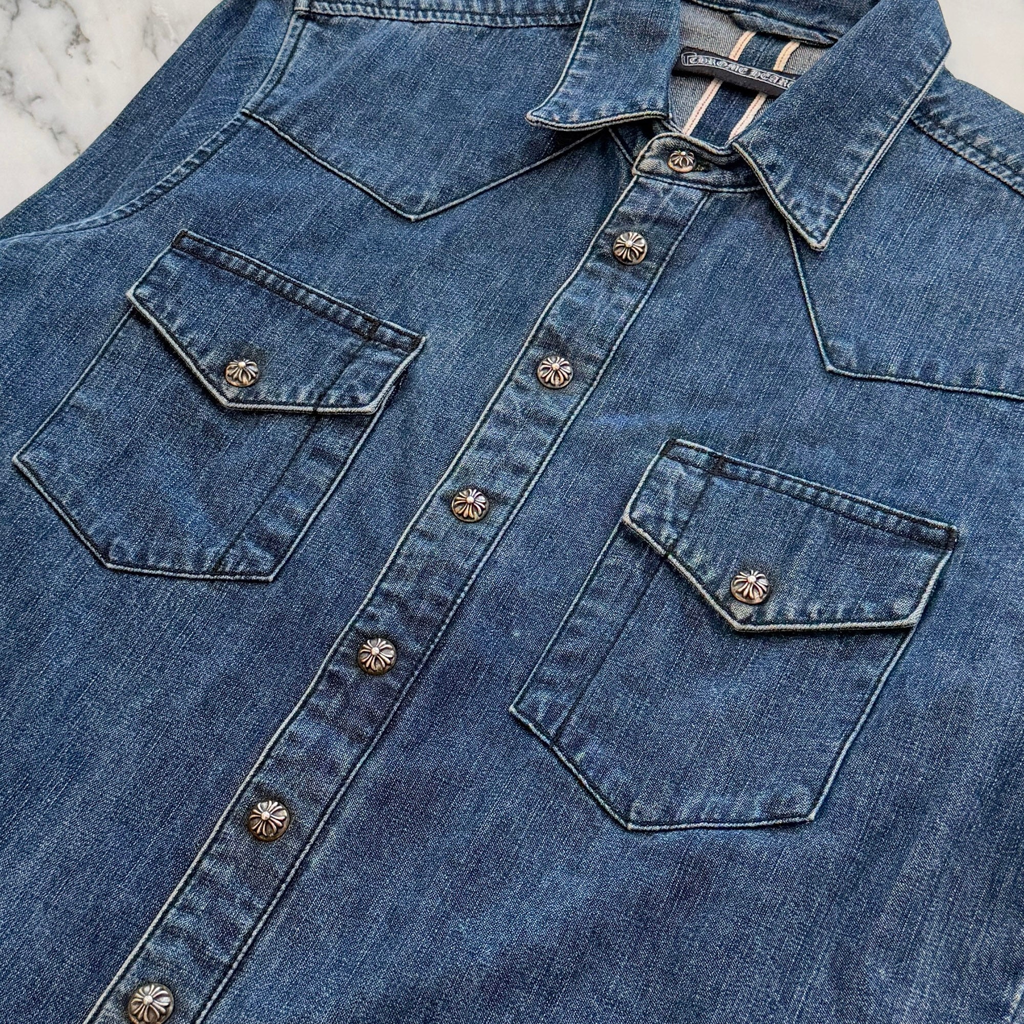 CHROME HEARTS Leather Cross Patch Western Denim Shirt Size SM