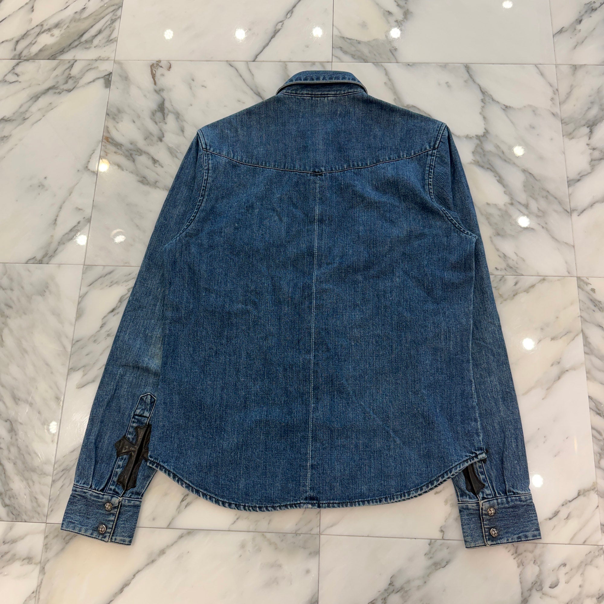 CHROME HEARTS Leather Cross Patch Western Denim Shirt Size SM クロムハーツ オールド レザー クロスパッチ ウェスタン デニムシャツ サイズSM