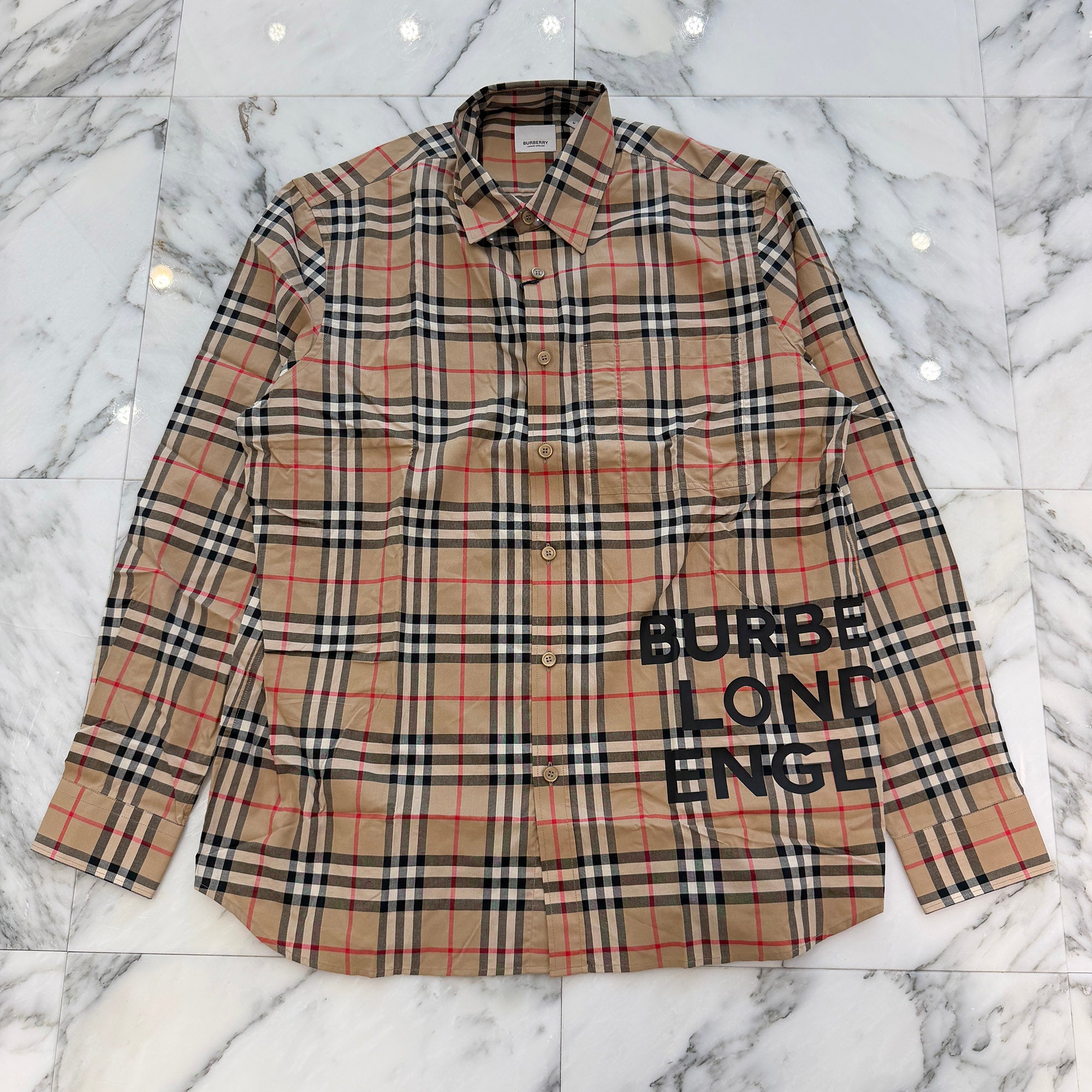 BURBERRY 2019AW Bold Logo Print Checked Cotton Long Sleeve Shirt 8017567 Size M バーバリーボールドロゴプリント チェックド ロングスリーブ シャツ サイズM