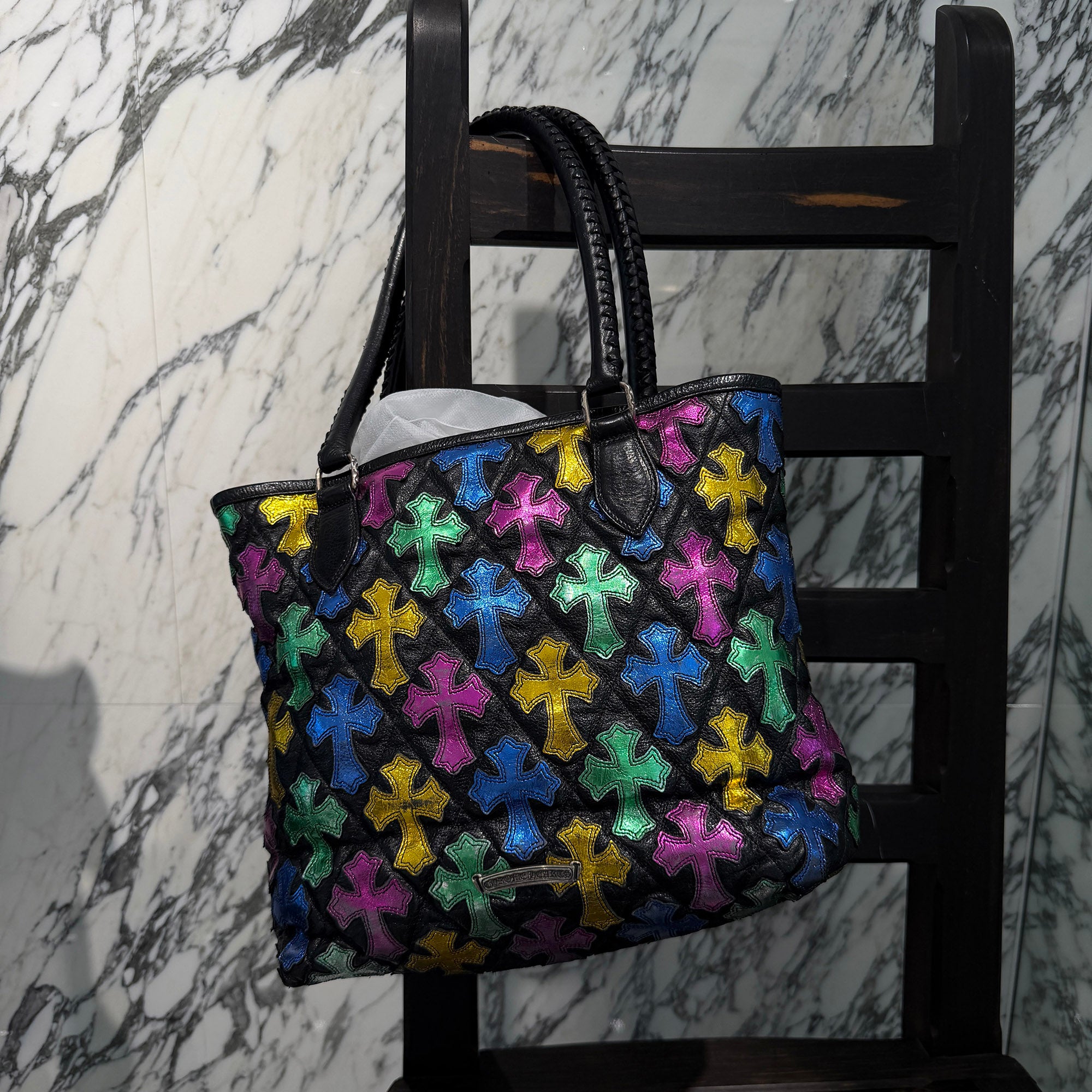 CHROME HEARTS Multi Color Cemetery Cross Patch Leather Tote Bag クロムハーツ マルチカラー セメタリークロスパッチ レザートートバッグ