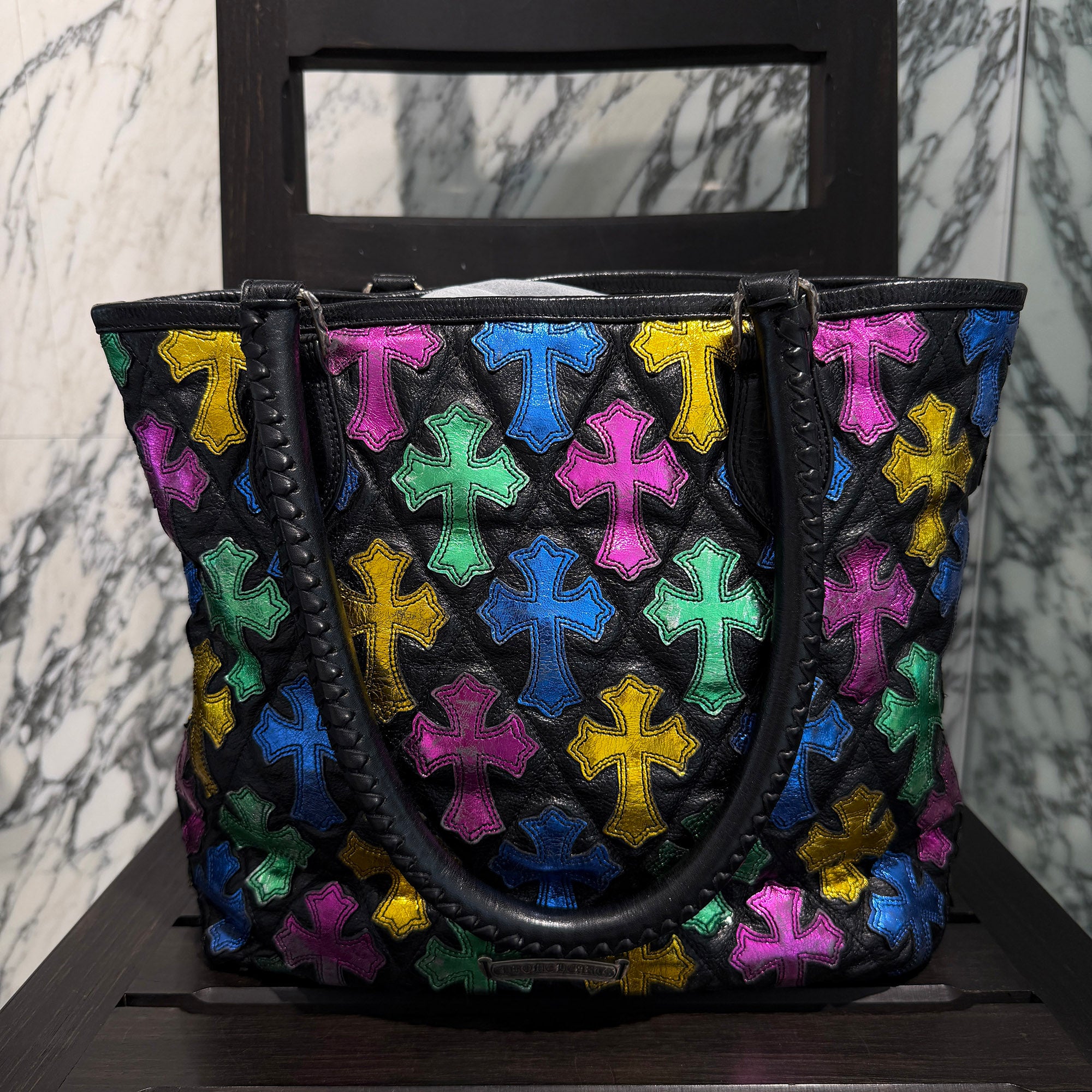 CHROME HEARTS Multi Color Cemetery Cross Patch Leather Tote Bag クロムハーツ マルチカラー セメタリークロスパッチ レザートートバッグ