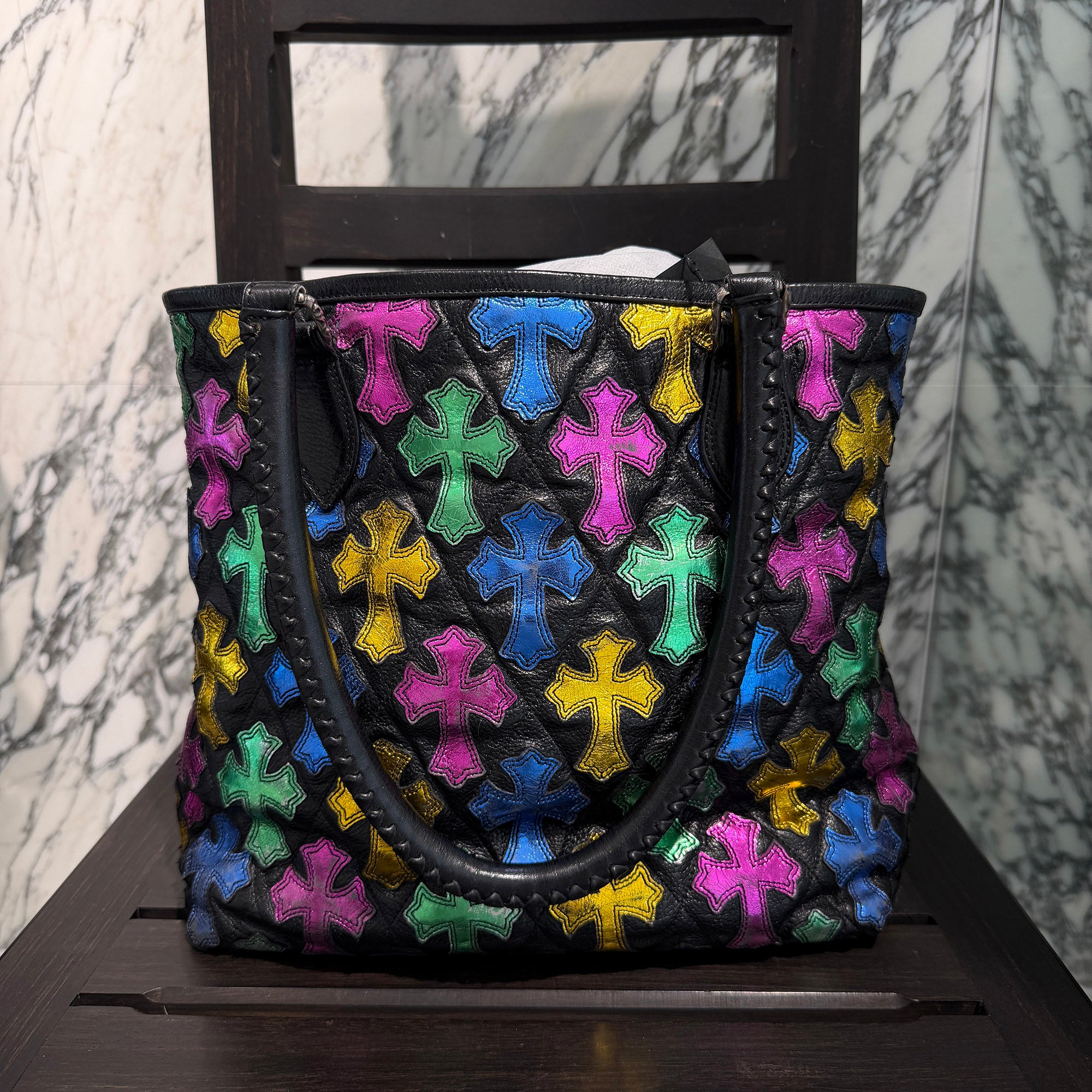 CHROME HEARTS Multi Color Cemetery Cross Patch Leather Tote Bag クロムハーツ マルチカラー セメタリークロスパッチ レザートートバッグ