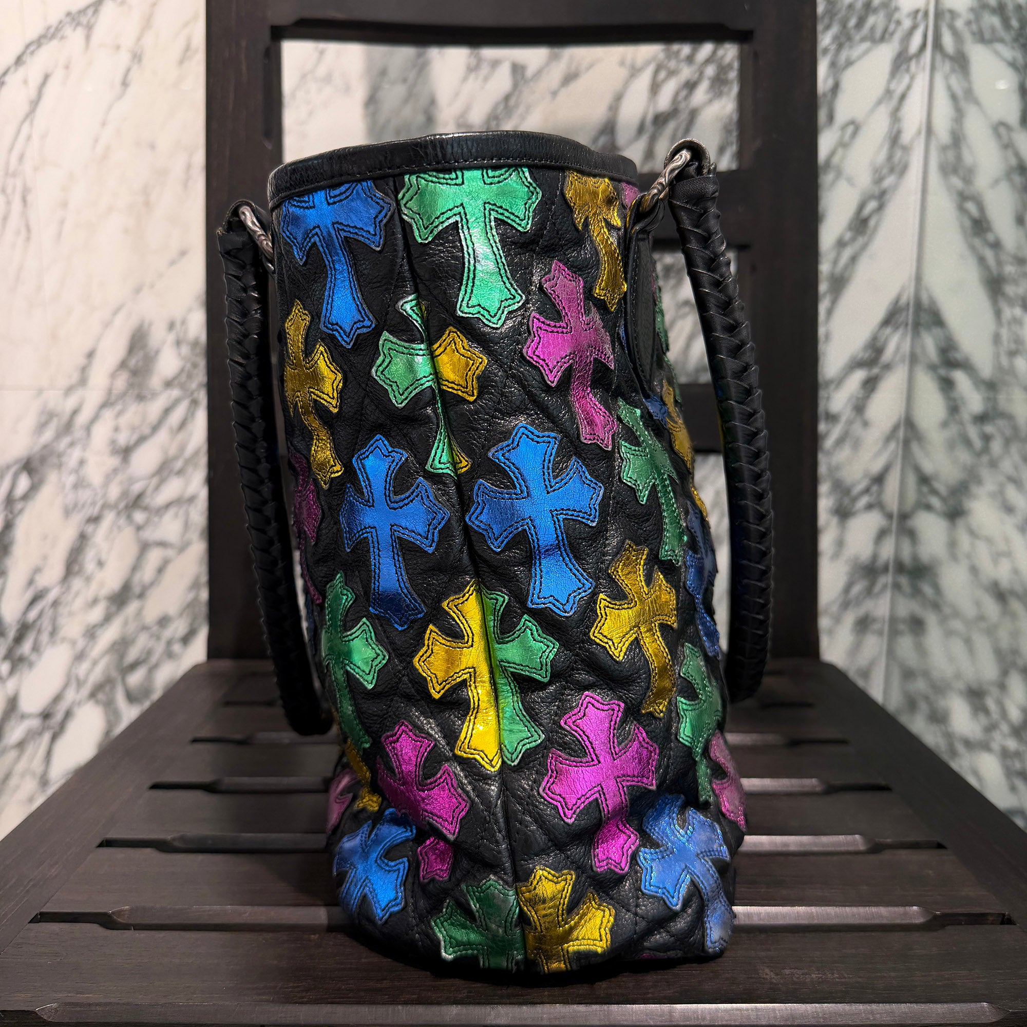 CHROME HEARTS Multi Color Cemetery Cross Patch Leather Tote Bag クロムハーツ マルチカラー セメタリークロスパッチ レザートートバッグ