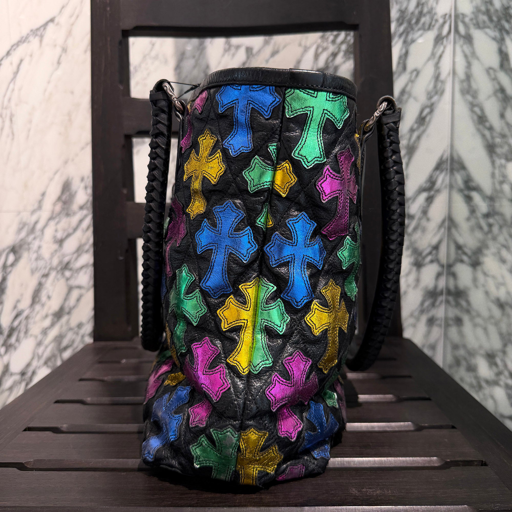 CHROME HEARTS Multi Color Cemetery Cross Patch Leather Tote Bag
