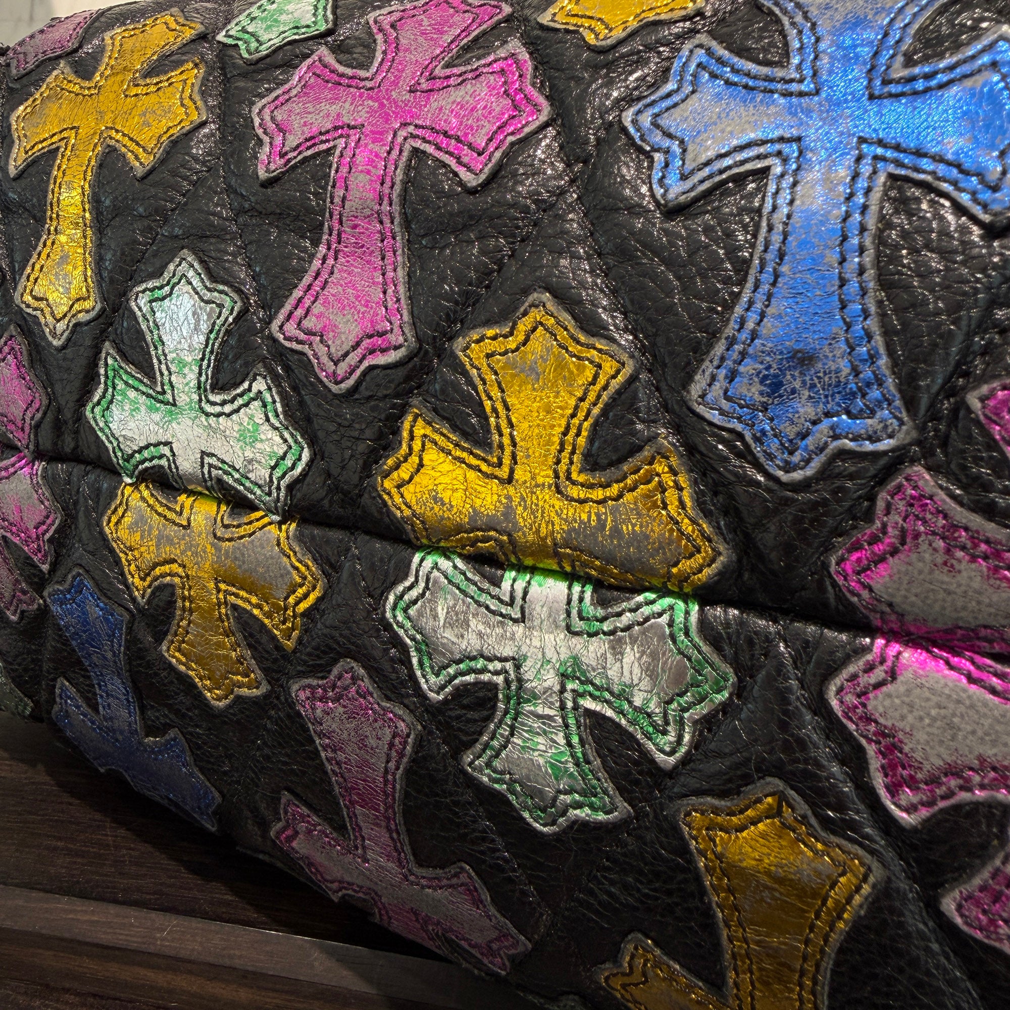 CHROME HEARTS Multi Color Cemetery Cross Patch Leather Tote Bag