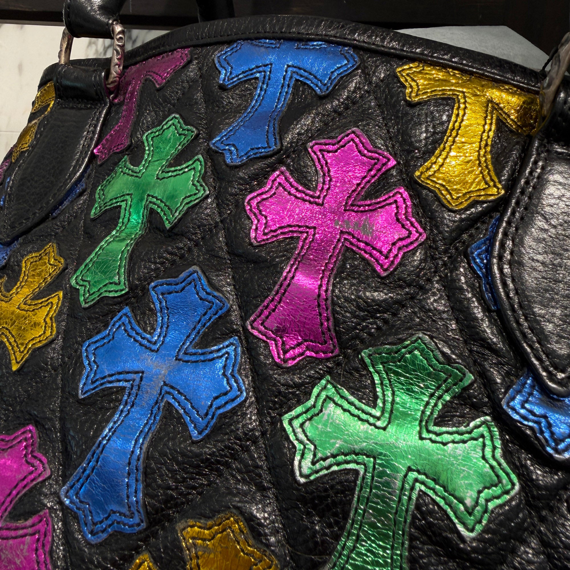 CHROME HEARTS Multi Color Cemetery Cross Patch Leather Tote Bag