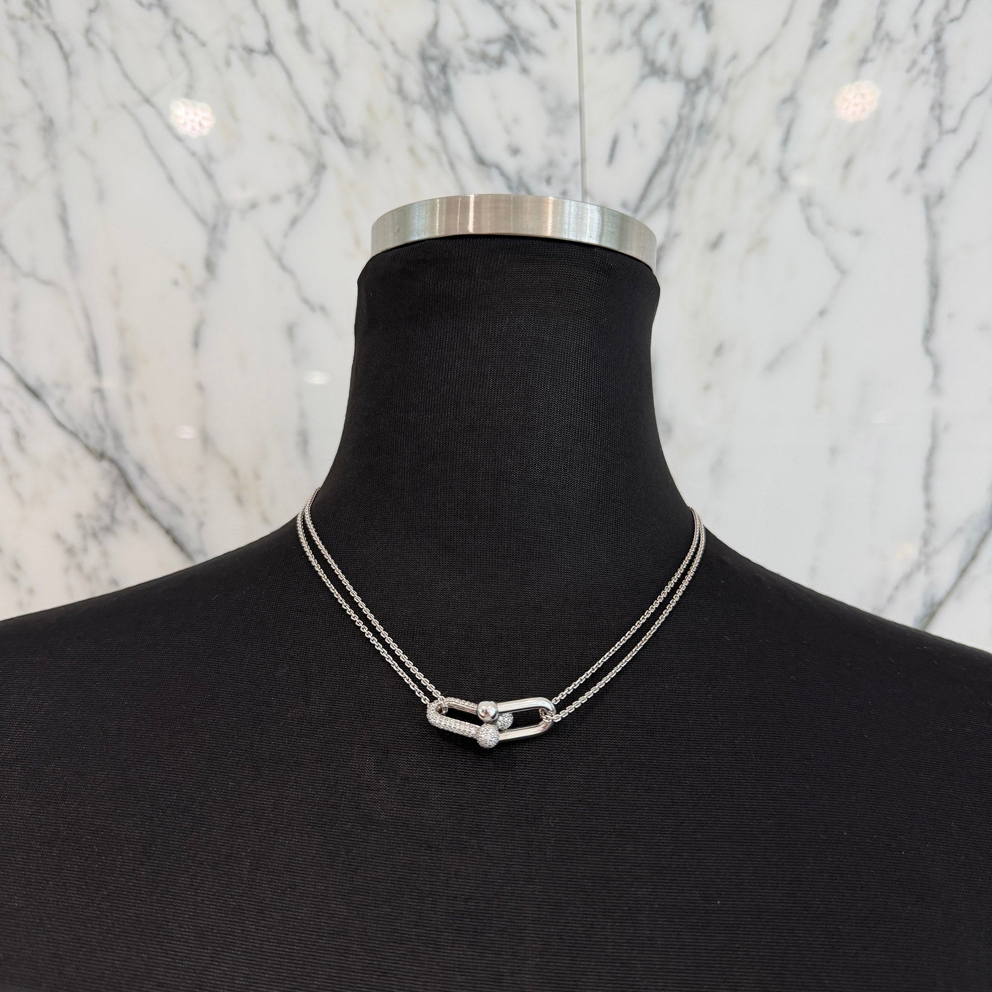 Tiffany Co. Hard Wear Large Double Link Pendant Necklace Pave Diamond 70353091 Size 16 Inch ティファニー ハード ウェア ラージダブル リンク ペンダント ネックレス パヴェダイアモンド サイズ16インチ
