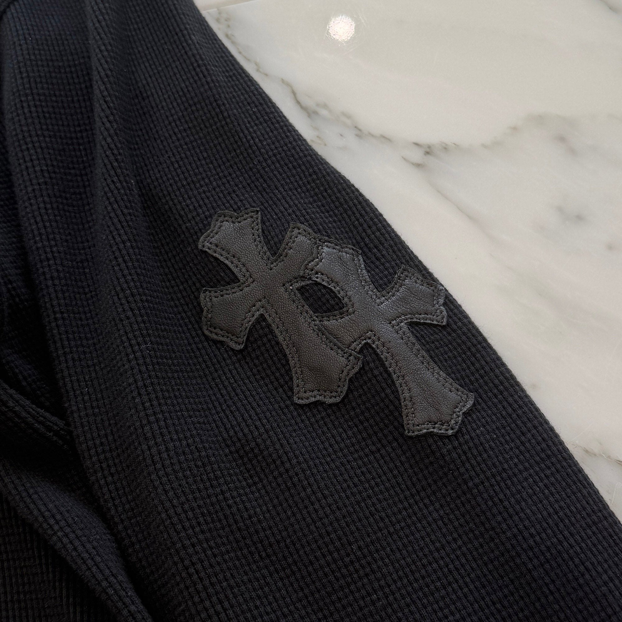 CHROME HEARTS Y NOT Leather Cross Patch Thermal Long Sleeve Tee Size L クロムハーツ ワイノット レザークロスパッチ サーマルロングスリーブ Tシャツ サイズL