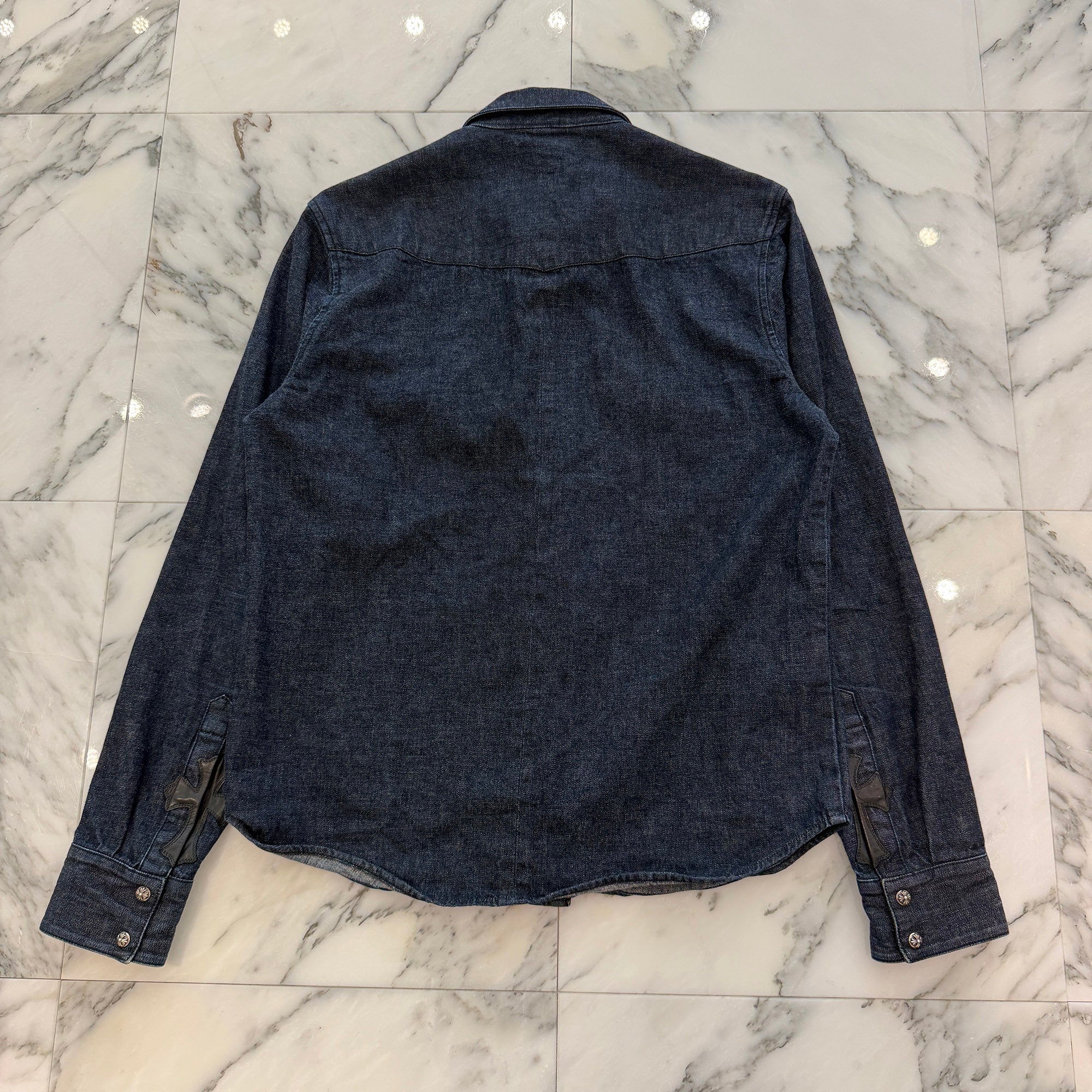 CHROME HEARTS Y NOT Leather Cross Patch Cross Ball Button Denim Shirt Size S クロムハーツ ワイノット レザー クロスパッチ クロスボールボタン デニムシャツ サイズS