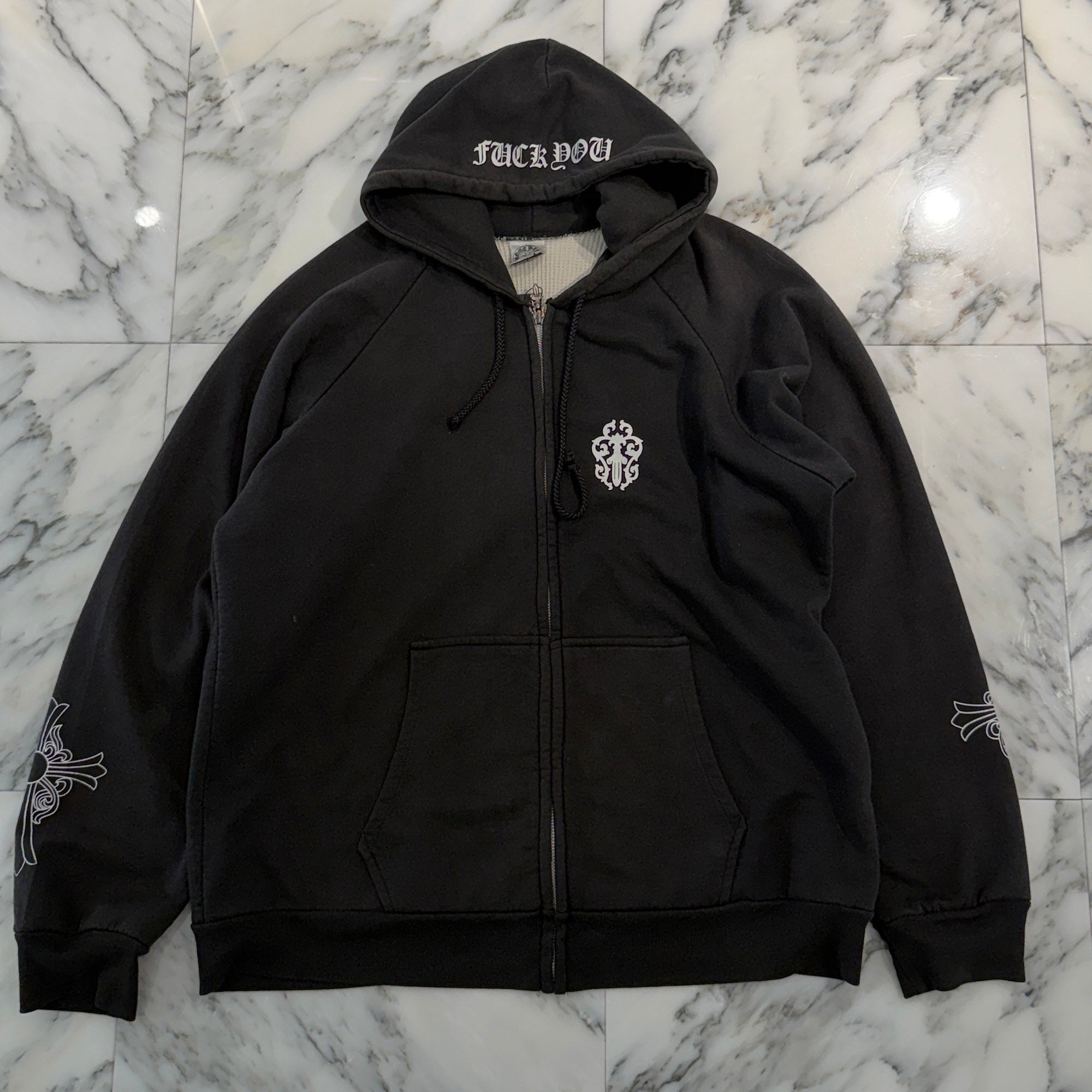 CHROME HEARTS FUCK YOU Vine Dagger Arm CH Cross Thermal Zip Up Hoodie Size L クロムハーツ ファックユー ヴァインダガー 袖 CHクロス サーマル ジップアップ フーディ サイズL