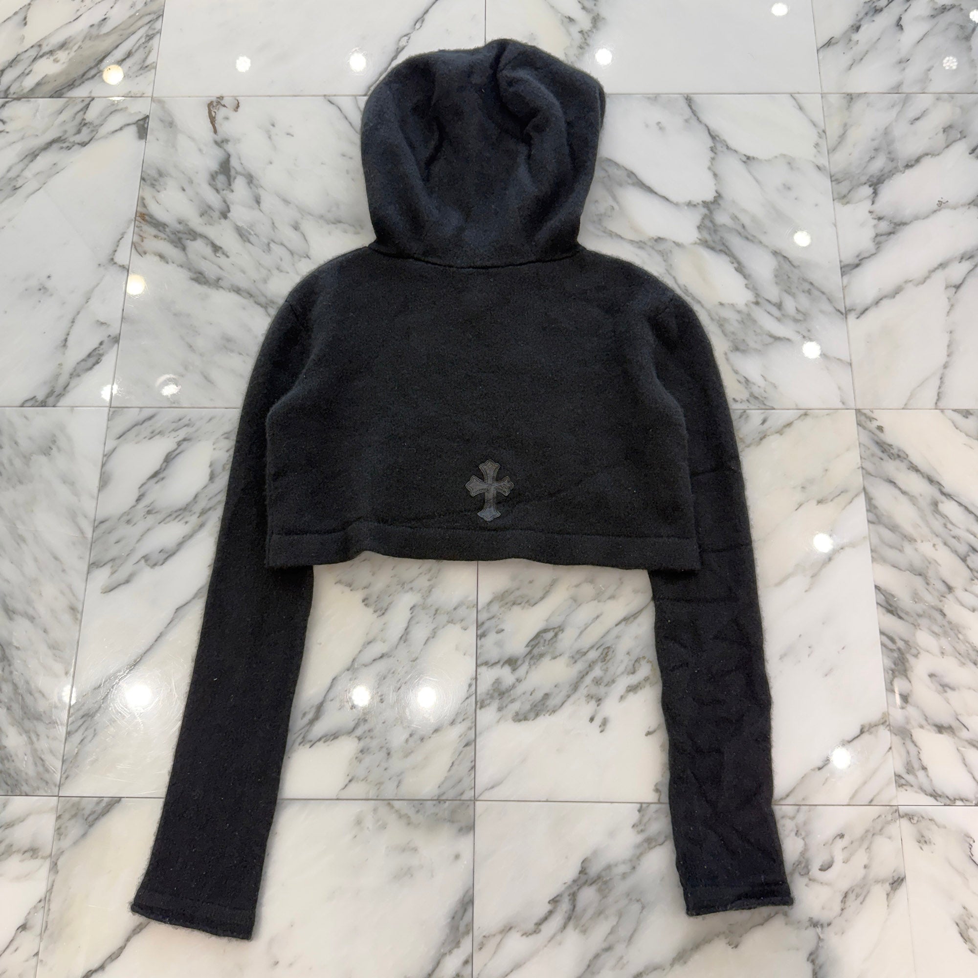 CHROME HEARTS Y NOT 1 Cross Leather Patch Cashmere Knit Pullover Hoodie Size M クロムハーツ ワイノット 1 クロスレザーパッチ カシミヤニット プルオーバーフーディ サイズM
