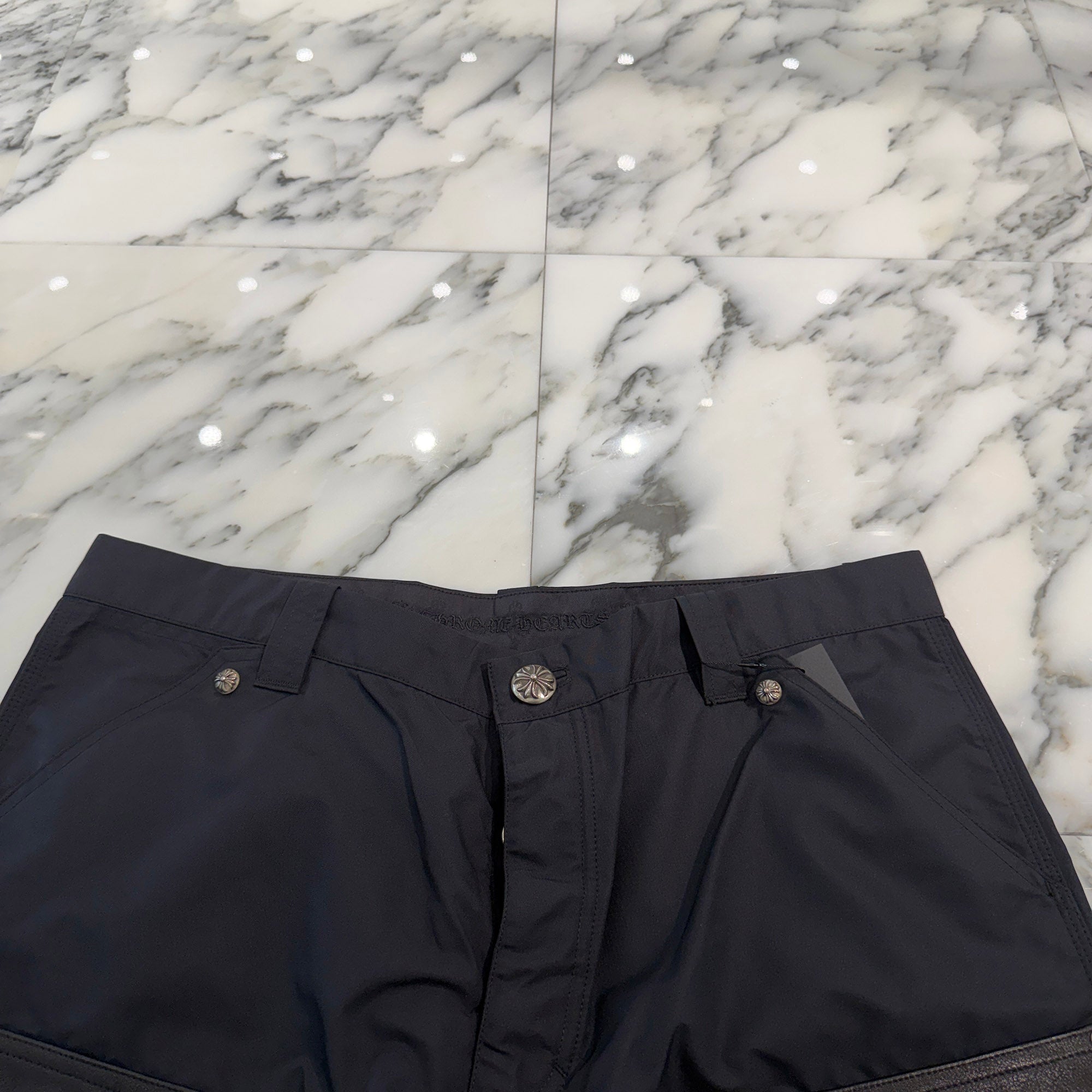CHROME HEARTS Carpenter Double Knee Leather Cross Patch Nylon Shorts Size 36 クロムハーツ カーペンター ダブルニー レザークロスパッチ ナイロン ショーツ サイズ36