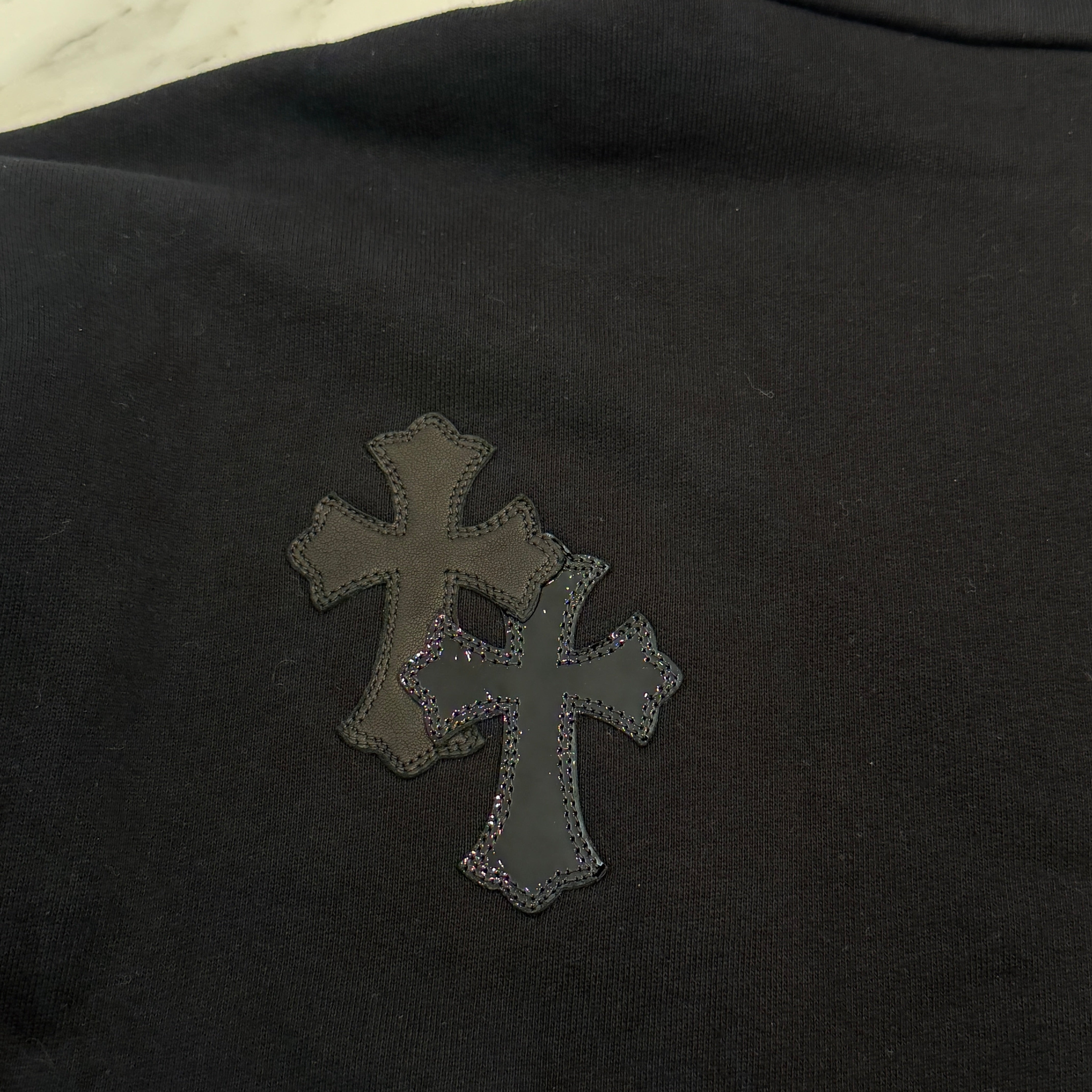 CHROME HEARTS Y NOT Multi Leather Cross Patch Half Zip Sweatshirt Size XS クロムハーツ ワイノット マルチレザークロスパッチ ハーフジップ スウェットシャツ サイズXS