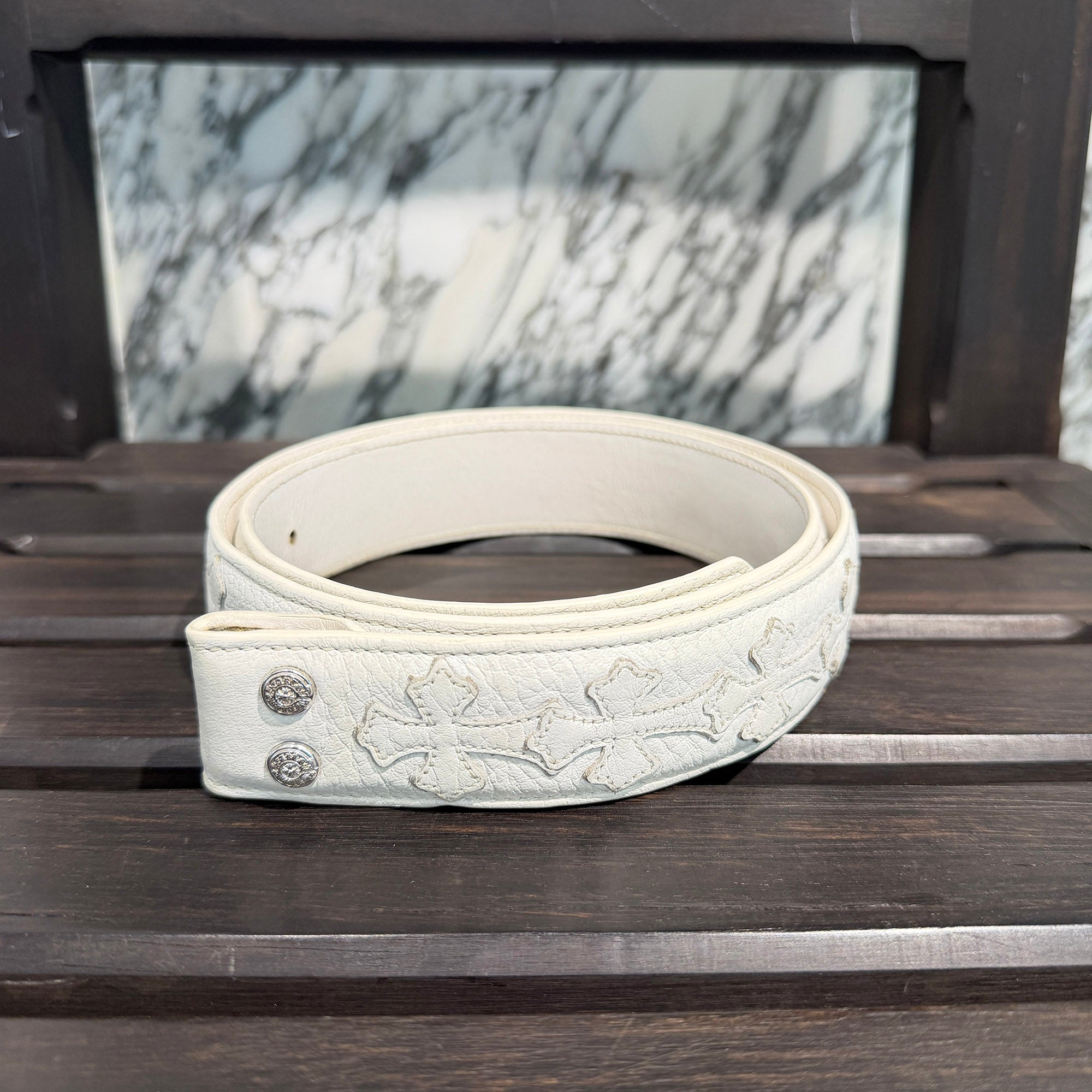 CHROME HEARTS 1.5 STRAP Horseshoe Rivet Cemetery Cross Patch Leather Belt Size 34 クロムハーツ 1.5ストラップ ホースシューリベット セメタリークロスパッチ レザーベルト サイズ34