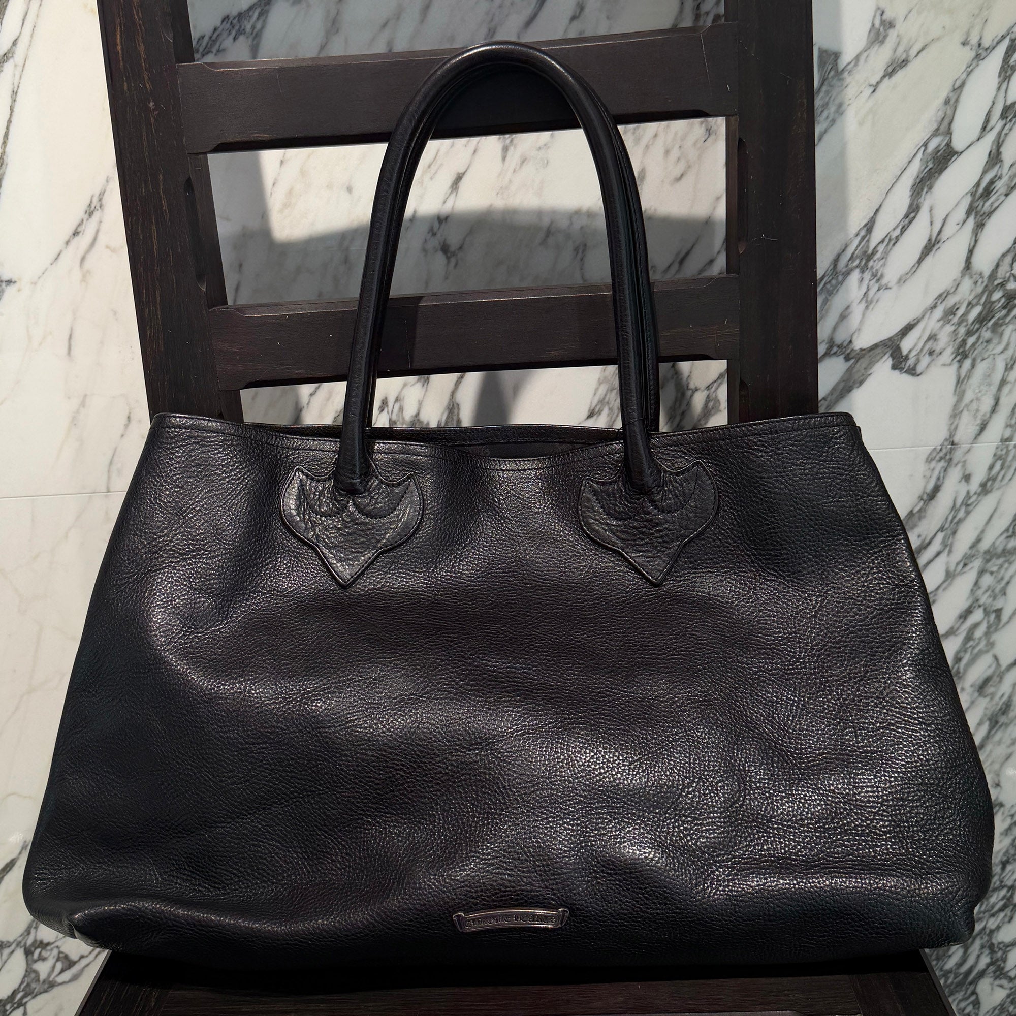 CHROME HEARTS 3 Cemetery Cross Patch FS Leather Tote Bag クロム