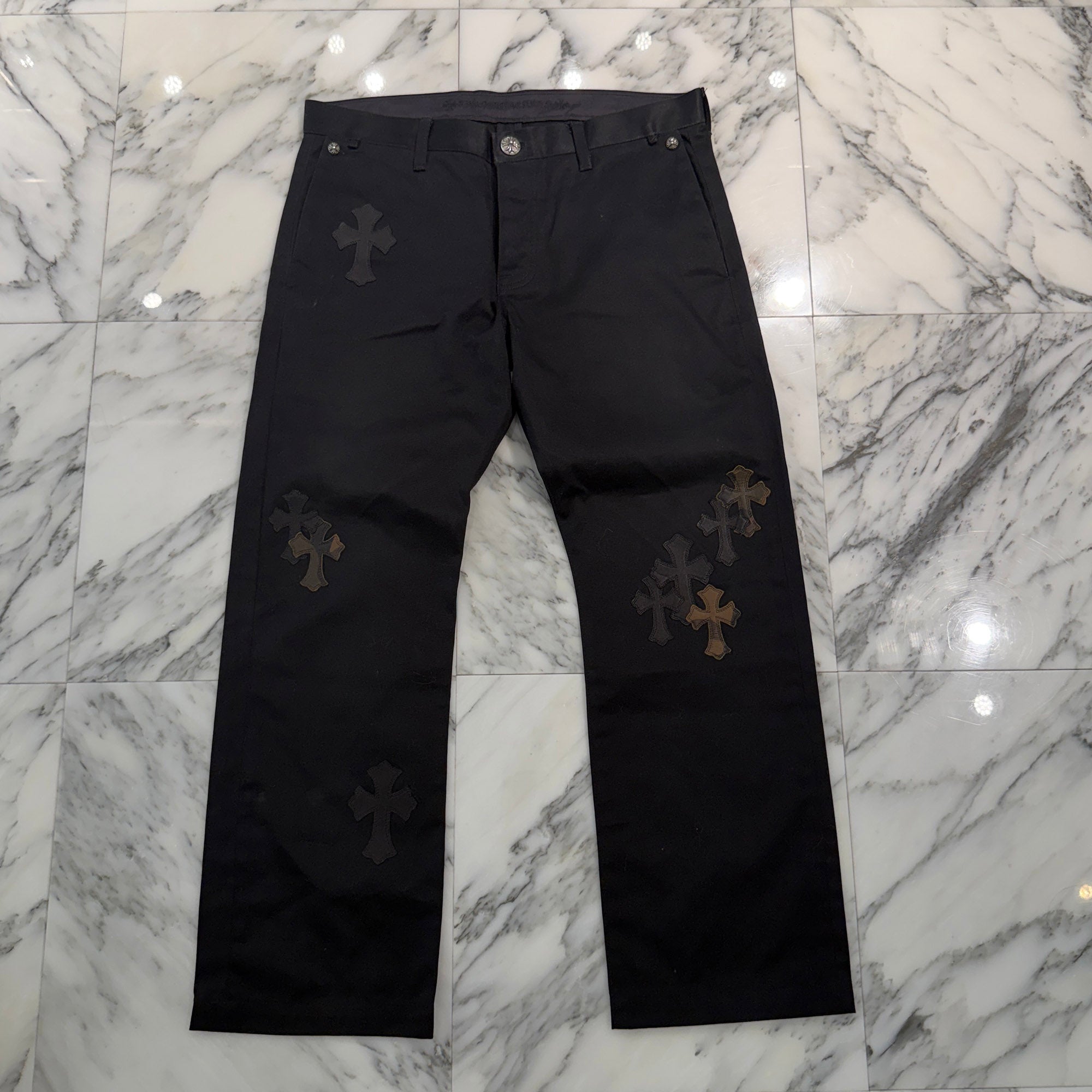 CHROME HEARTS Multi Leather Patch Cross Ball Button Cotton Chino Pants Size 36 クロムハーツ マルチレザーパッチ クロスボールボタン コットン チノパンツ サイズ36