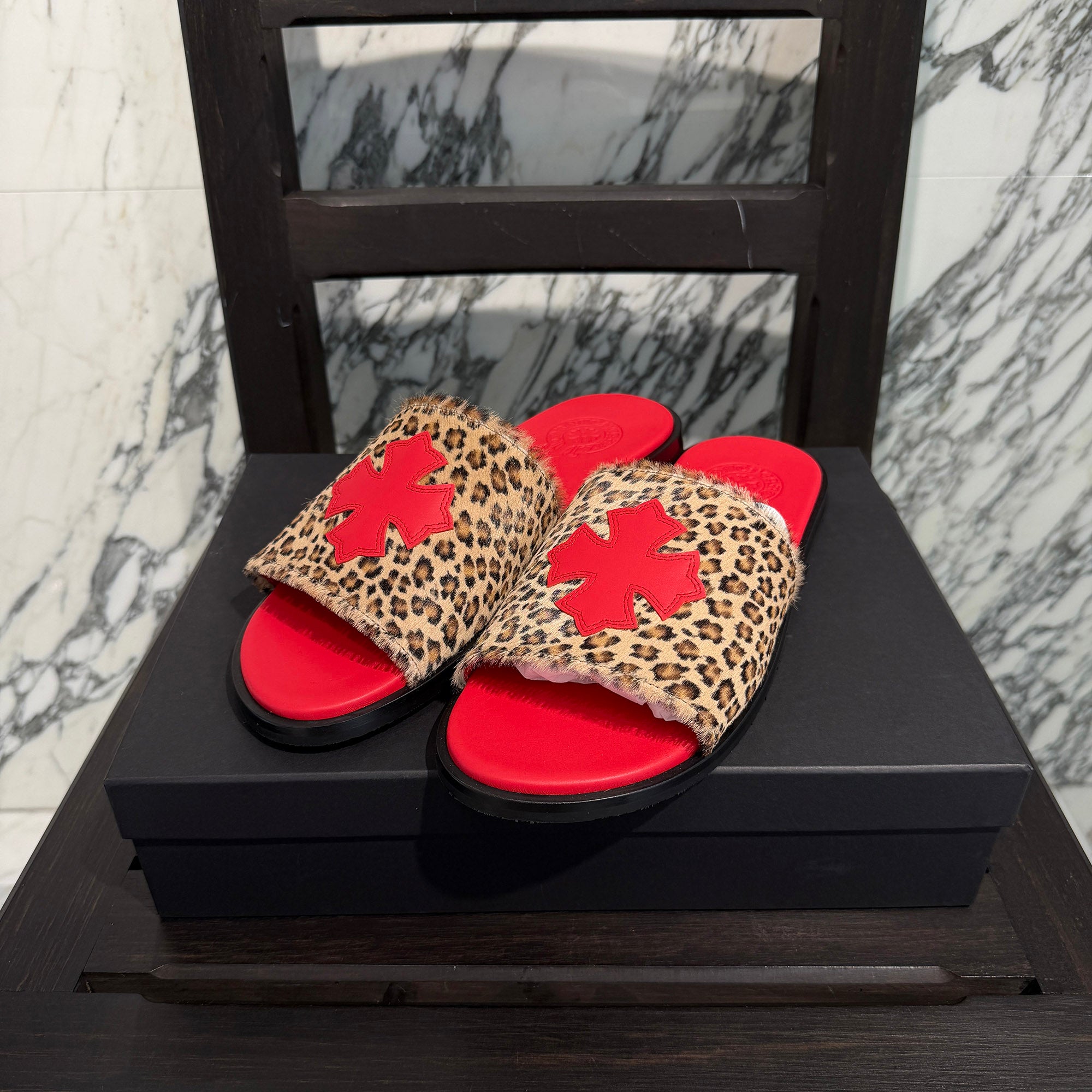 CHROME HEARTS Leather Cross Patch Harako Leather Flat Sandals Size 42 クロムハーツ レザークロスパッチ ハラコレザーフラットサンダル サイズ42