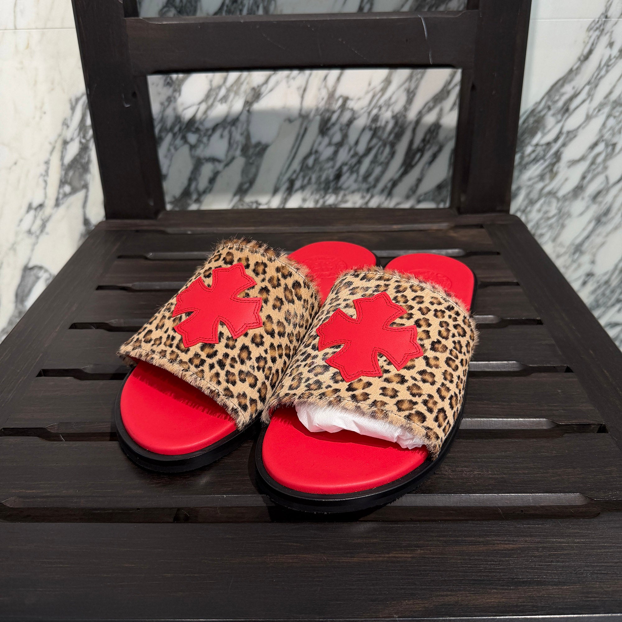 CHROME HEARTS Leather Cross Patch Harako Leather Flat Sandals Size