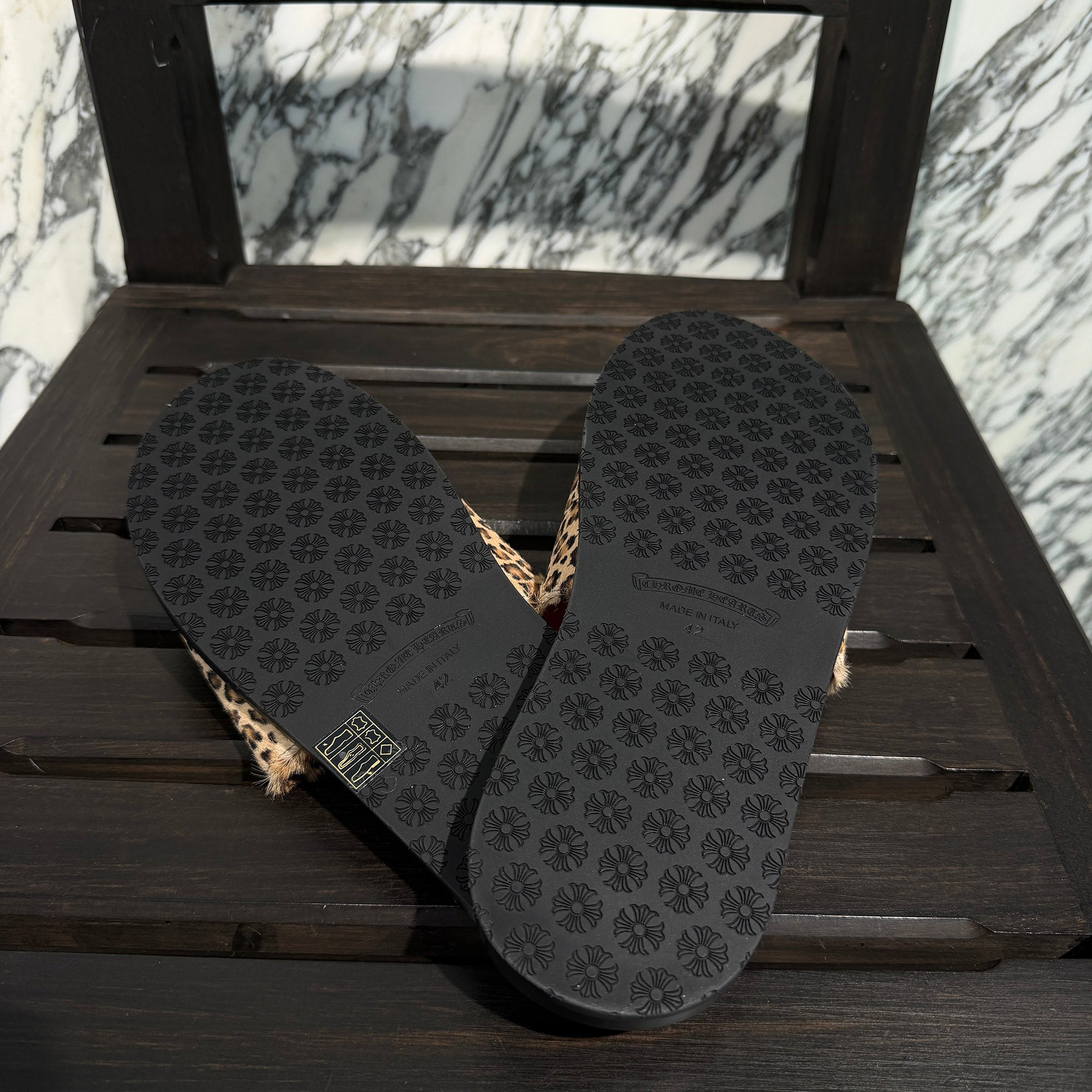 CHROME HEARTS Leather Cross Patch Harako Leather Flat Sandals Size