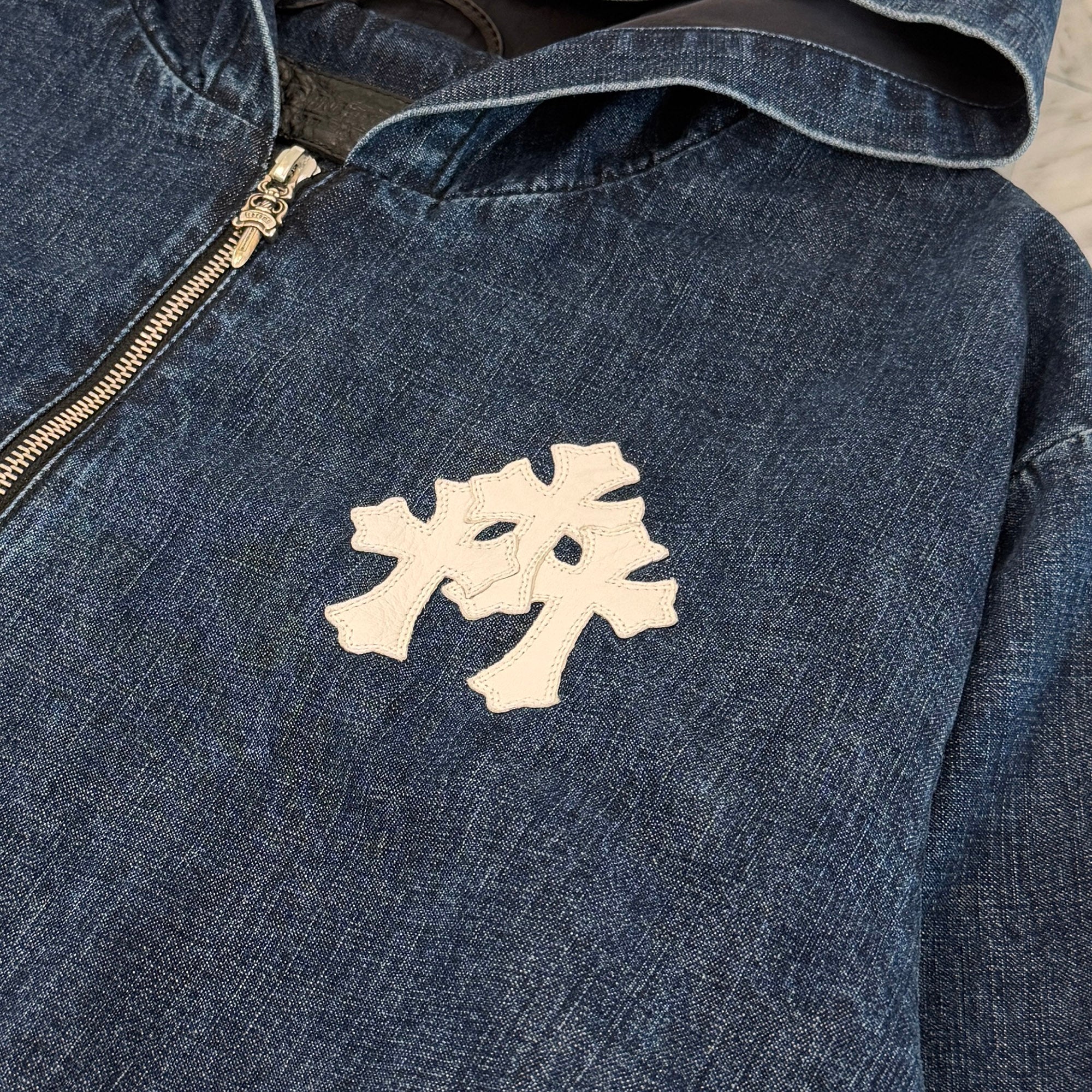 CHROME HEARTS 2024AW Leather Cemetery Triple Cross Denim Anorak Jacket Size L クロムハーツ レザーセメタリートリプルクロス デニム アノラック ジャケット サイズL