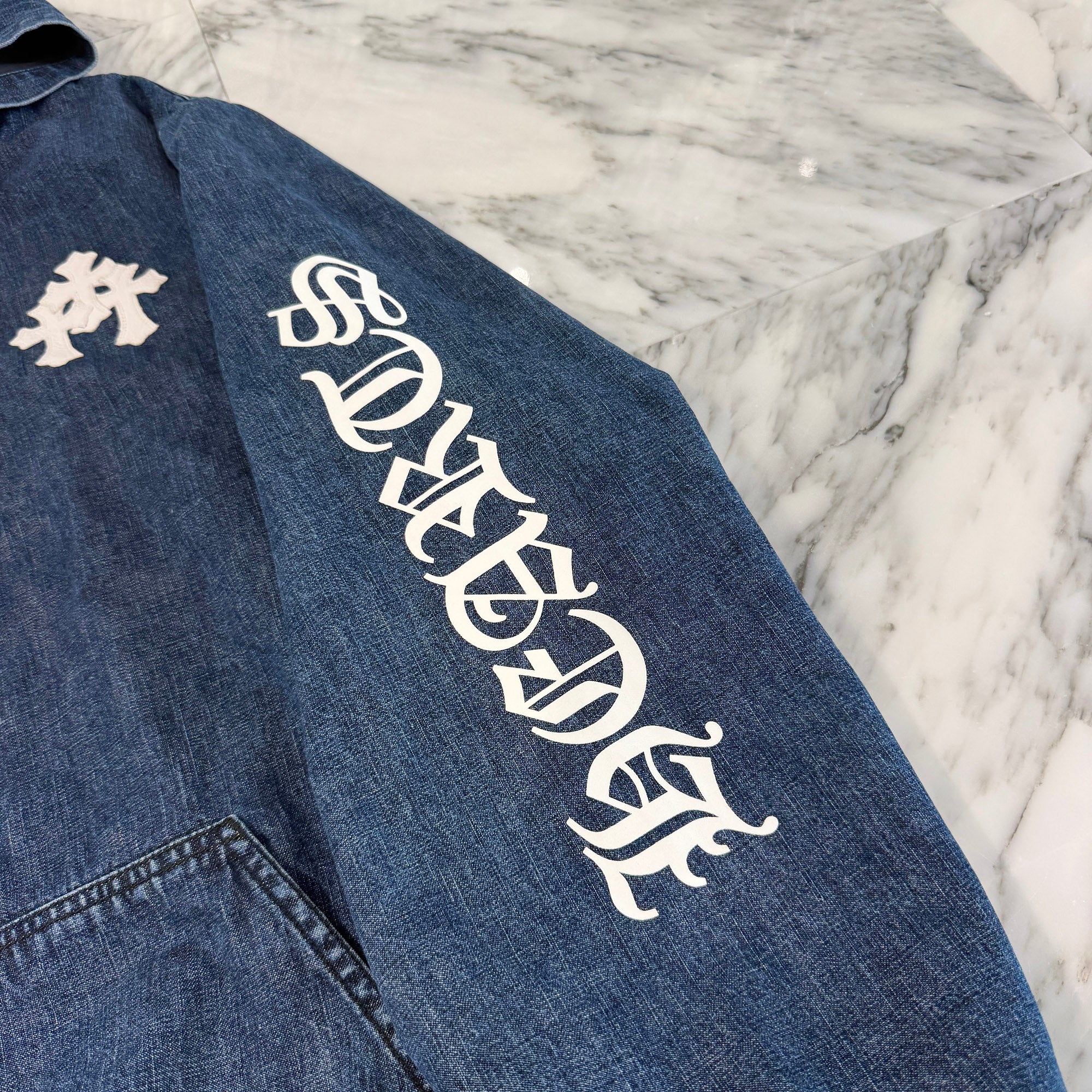 CHROME HEARTS 2024AW Leather Cemetery Triple Cross Denim Anorak Jacket Size L クロムハーツ レザーセメタリートリプルクロス デニム アノラック ジャケット サイズL