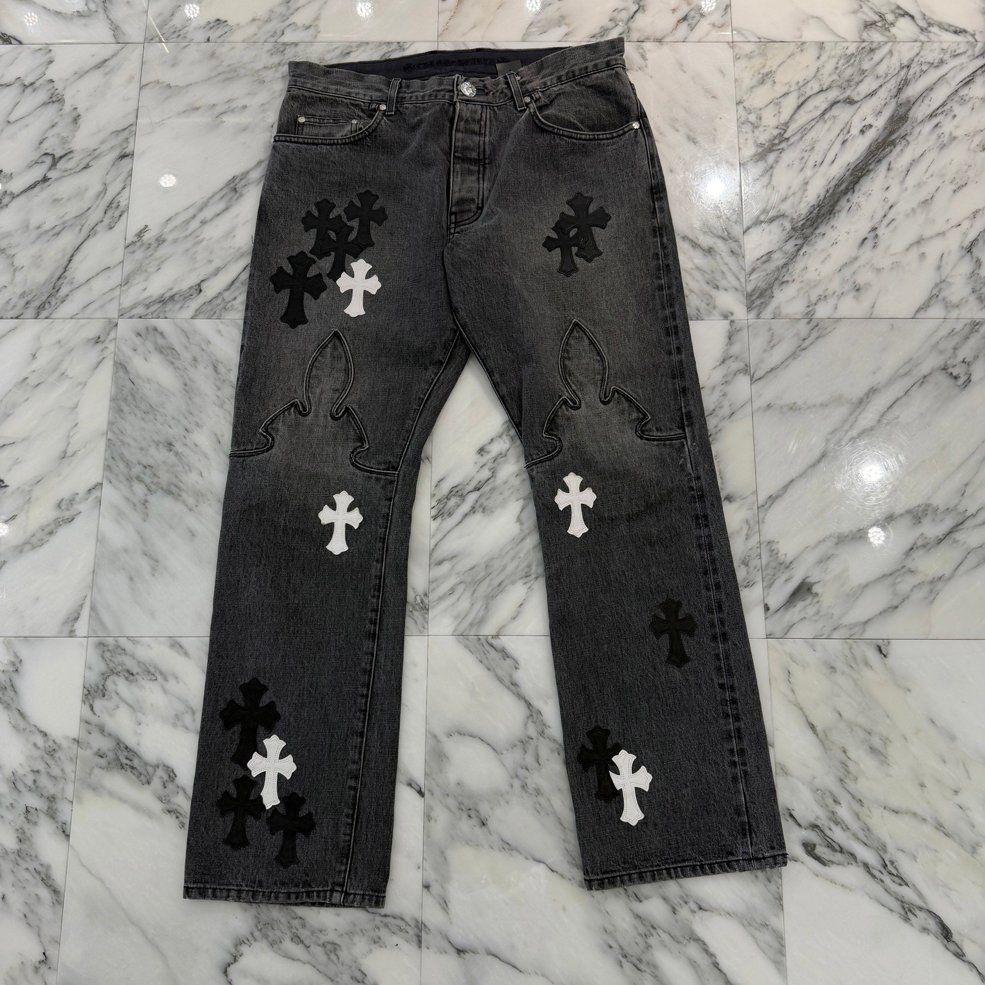 CHROME HEARTS Multi Leather Cross Patch Cross Ball Button Flare Knee Denim Pants Size 36 クロムハーツ マルチレザークロスパッチ クロスボールボタン フレアニー デニムパンツ サイズ36