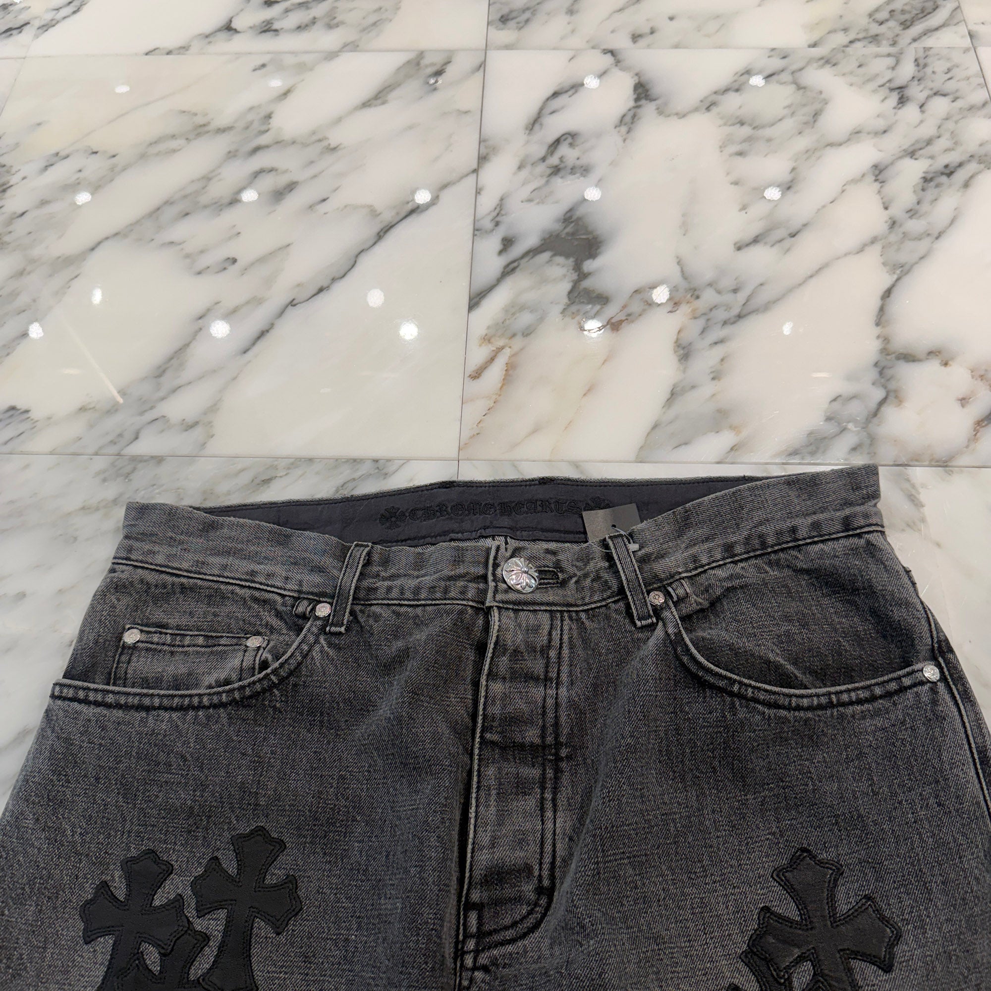 CHROME HEARTS Multi Leather Cross Patch Cross Ball Button Flare Knee Denim Pants Size 36 クロムハーツ マルチレザークロスパッチ クロスボールボタン フレアニー デニムパンツ サイズ36