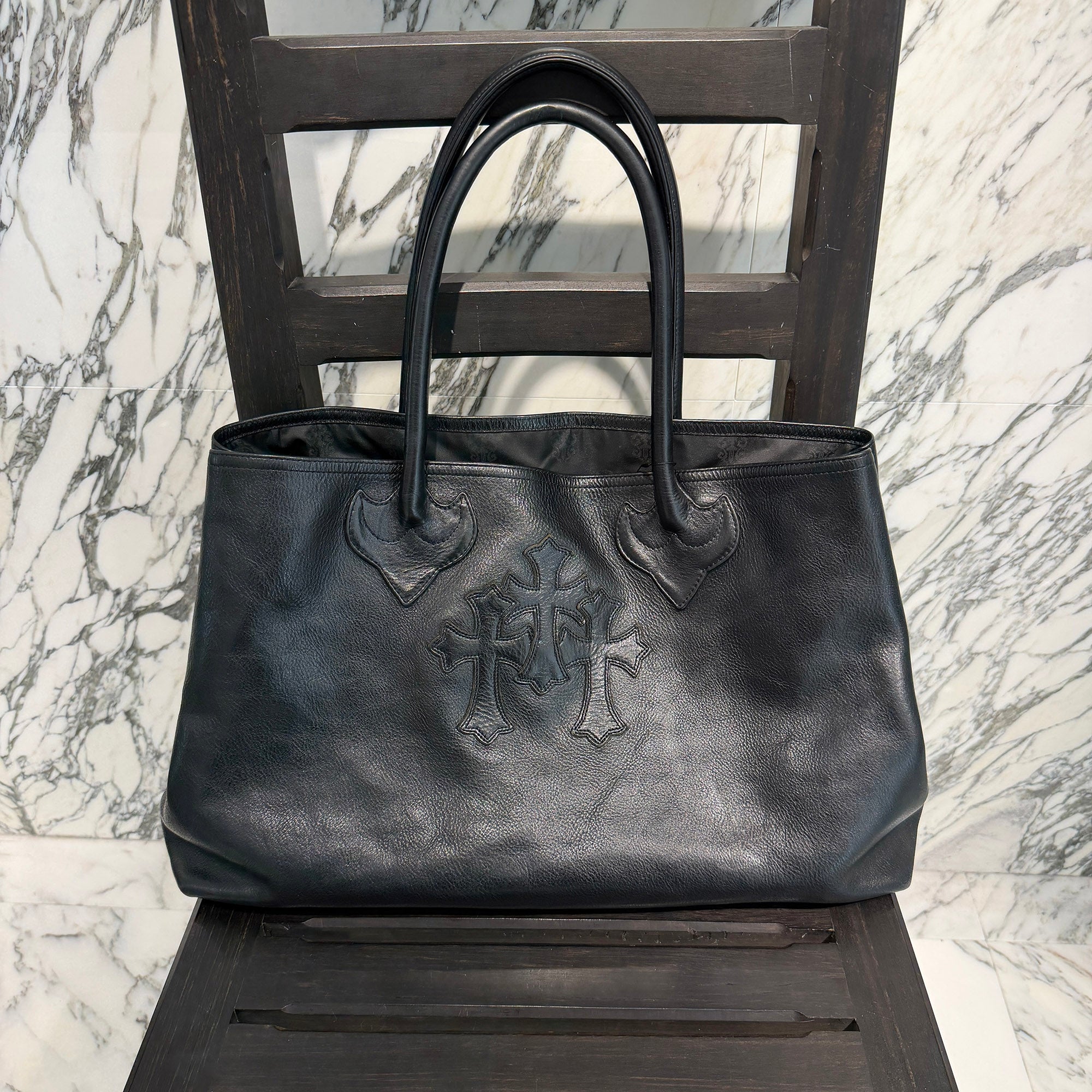 CHROME HEARTS 3 Cemetery Cross Patch FS Leather Tote Bag クロム