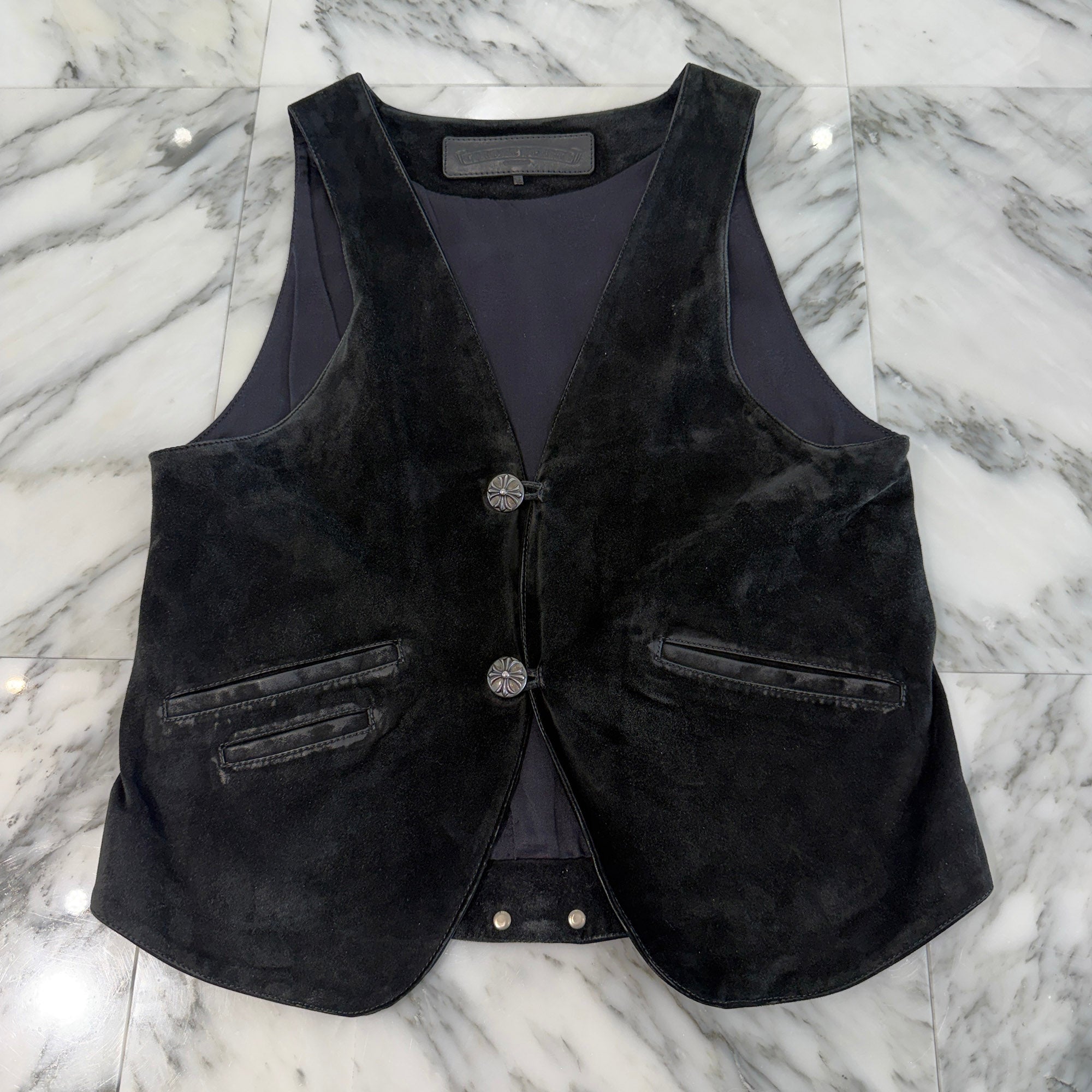 CHROME HEARTS Cross Ball Button Suede Leather Vest Size S クロムハーツ クロスボールボタン スエードレザー ベスト サイズS