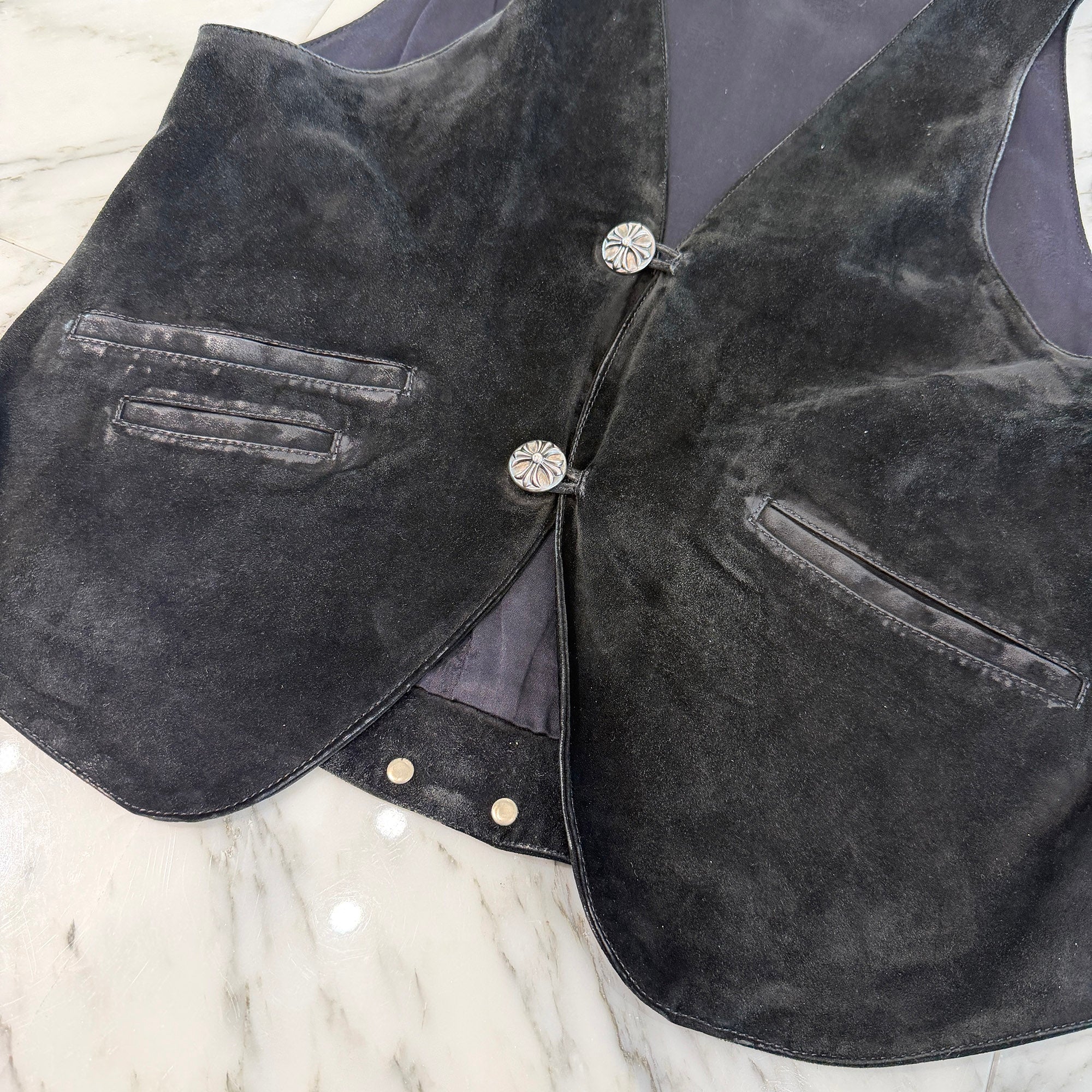 CHROME HEARTS Cross Ball Button Suede Leather Vest Size S クロムハーツ クロスボールボタン スエードレザー ベスト サイズS