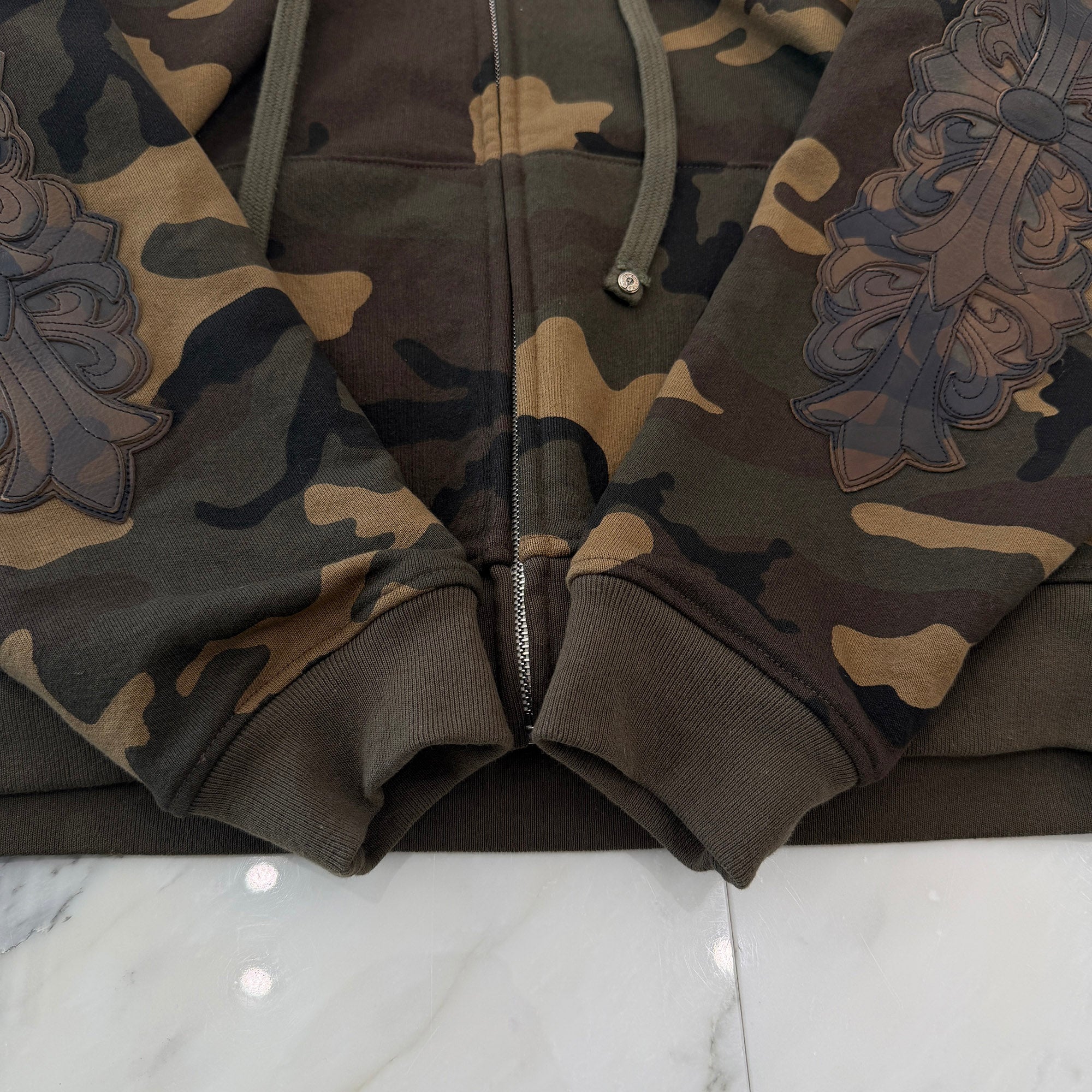 CHROME HEARTS Camo Floral Cross Horseshoe Leather Patch Zip Up