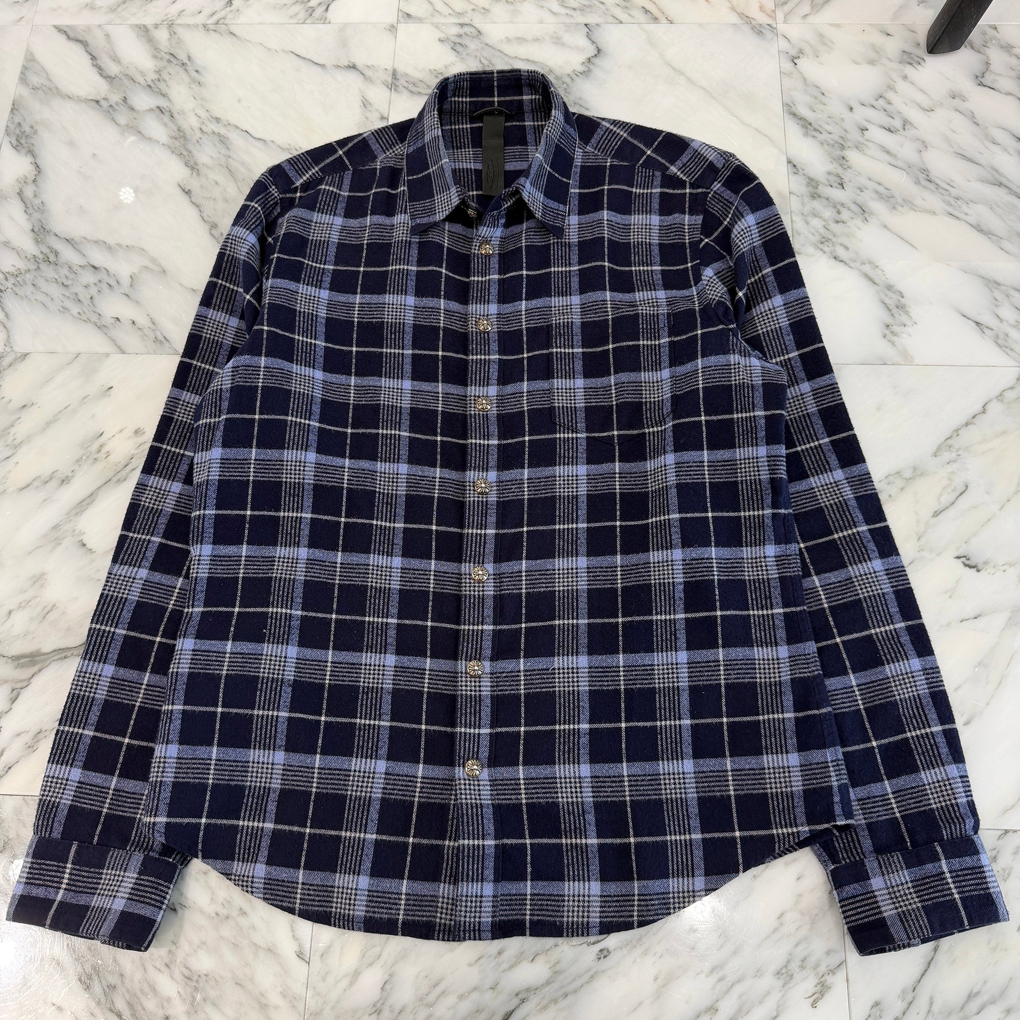 CHROME HEARTS Y NOT Floral Cross Leather Patch Loose Ends Check Shirt Size L クロムハーツ ワイノット フローラルクロスレザーパッチルーズエンド チェックシャツ サイズL