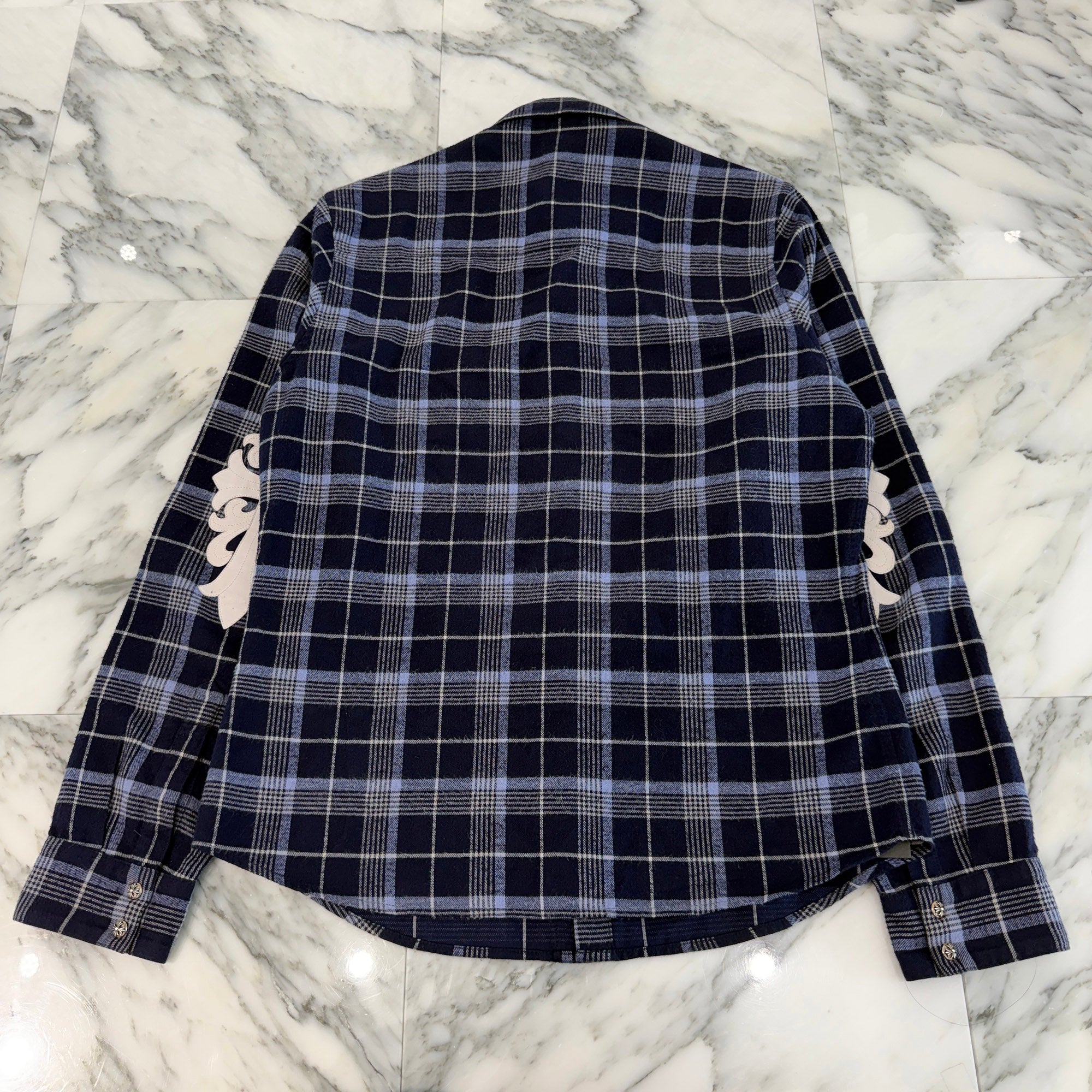 CHROME HEARTS Y NOT Floral Cross Leather Patch Loose Ends Check Shirt Size L クロムハーツ ワイノット フローラルクロスレザーパッチルーズエンド チェックシャツ サイズL
