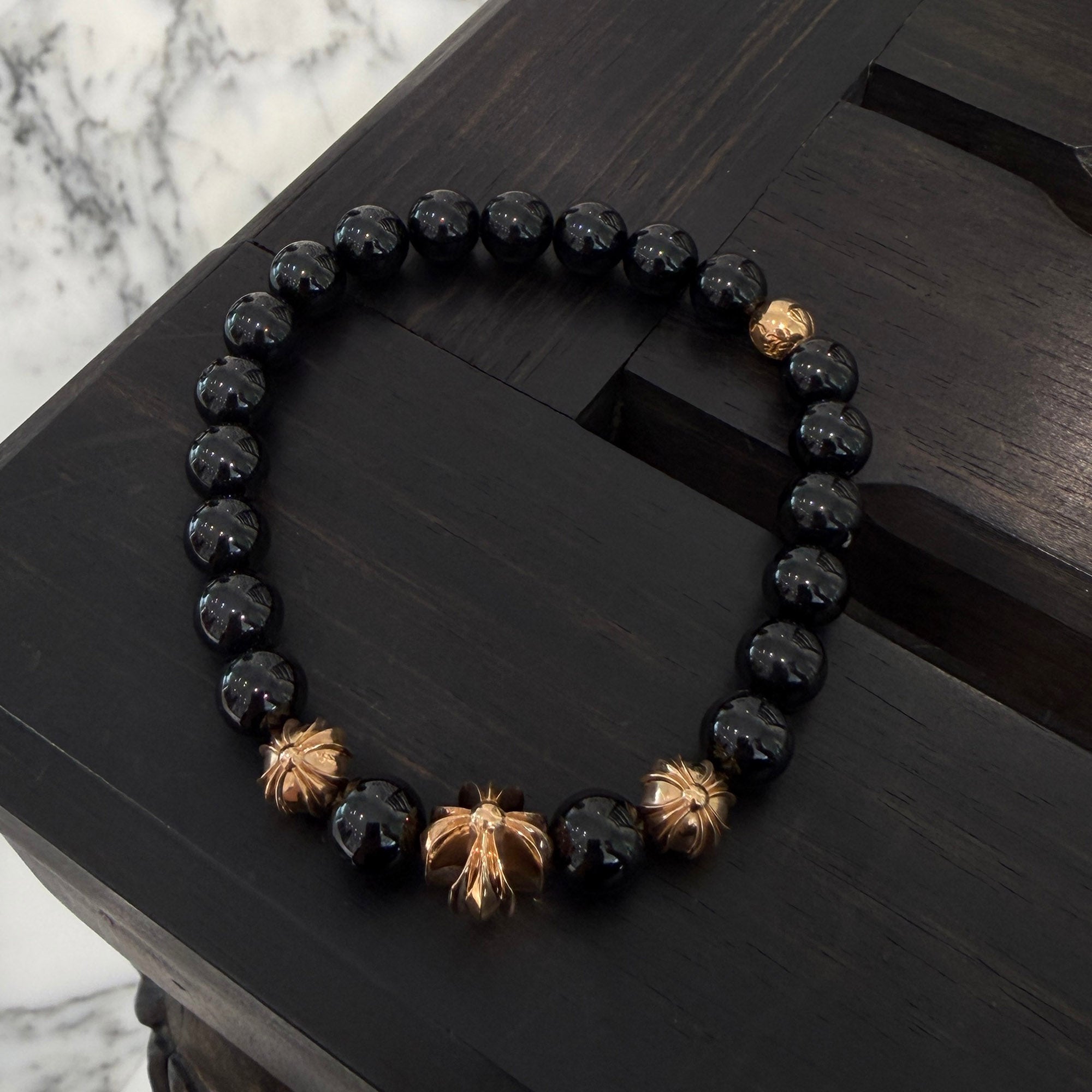 CHROME HEARTS Onyx 22K CH Cross Beads Bracelet Size 8mm クロムハーツ オニキス 22K CHクロス ビーズ ブレスレット サイズ8mm