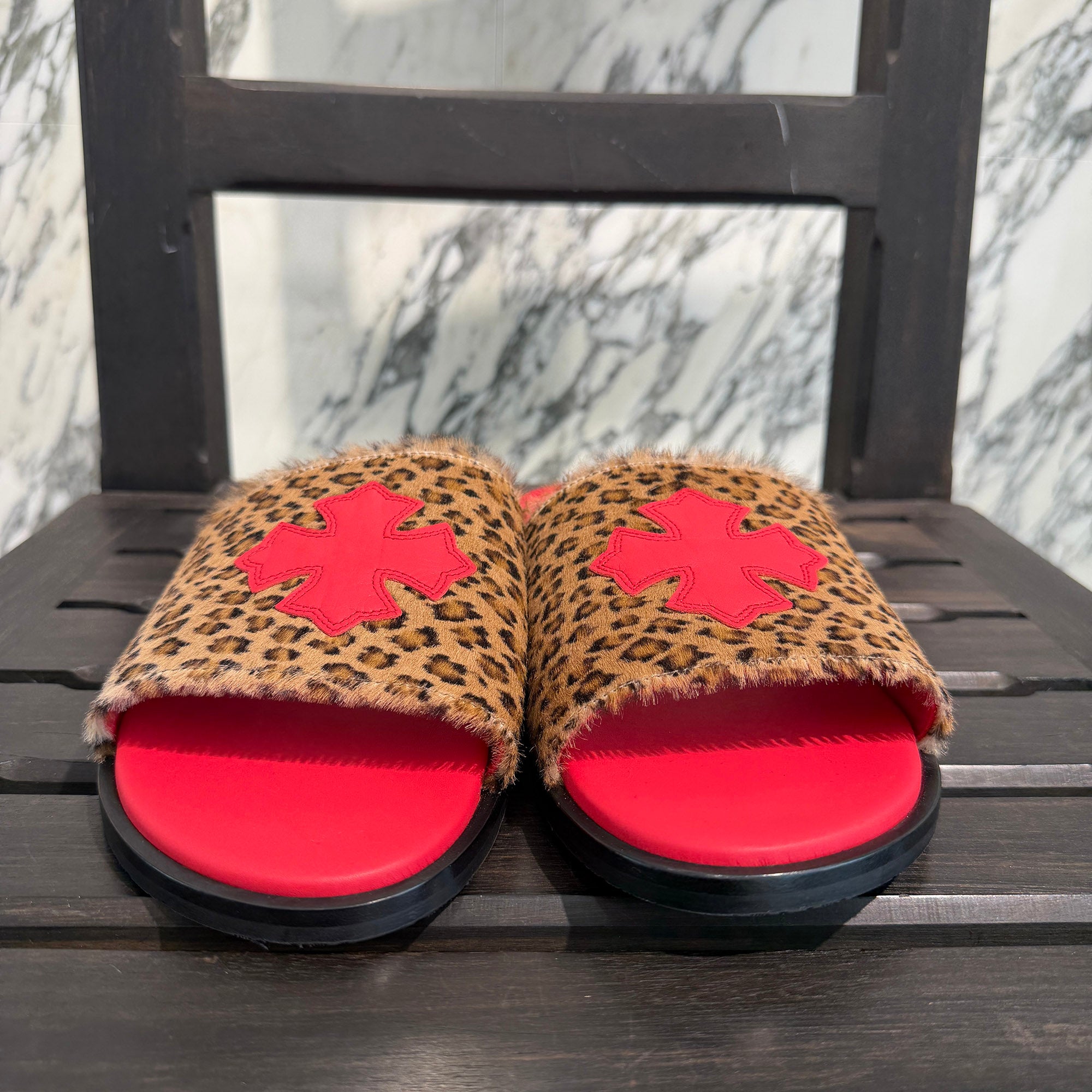 CHROME HEARTS Leather Cross Patch Harako Leather Flat Sandals Size 44(約28.5cm) クロムハーツ レザークロスパッチ ハラコレザーフラットサンダル サイズ44(約28.5cm)