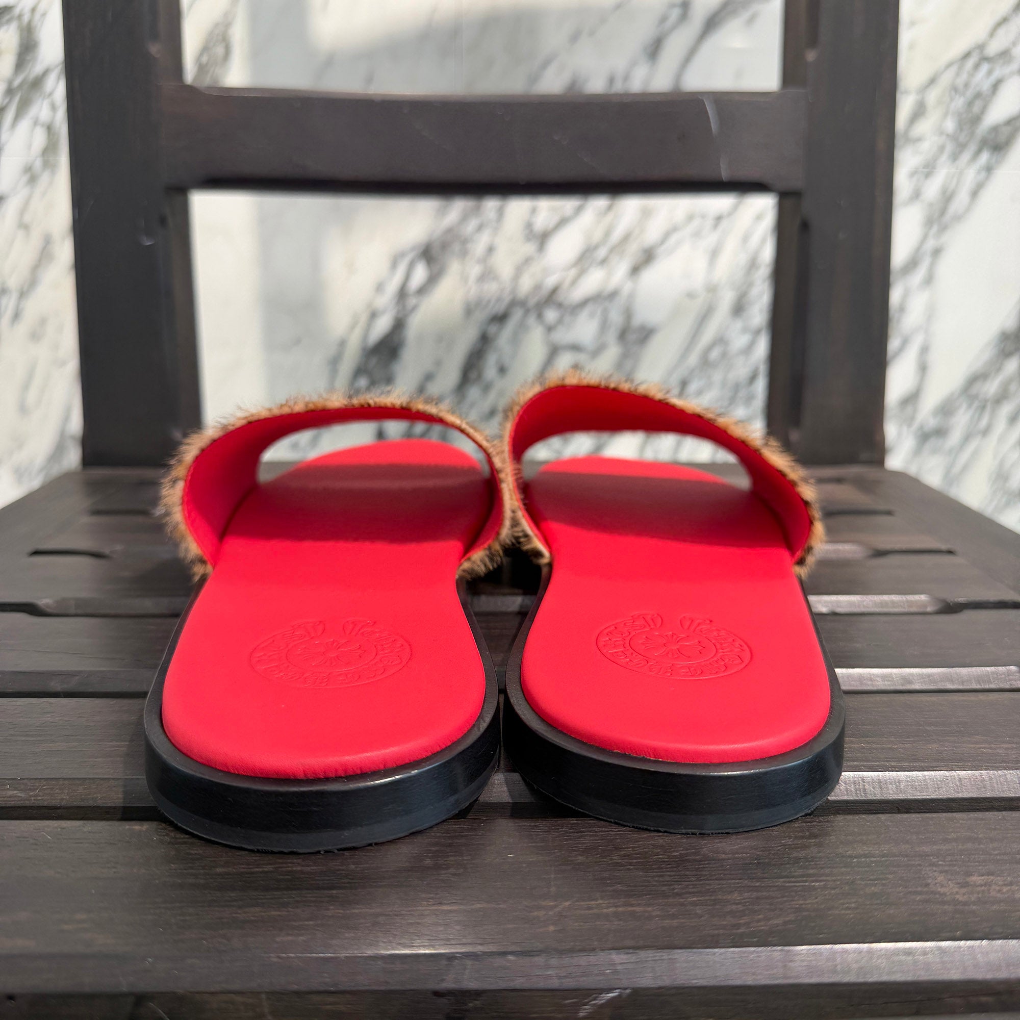 CHROME HEARTS Leather Cross Patch Harako Leather Flat Sandals Size