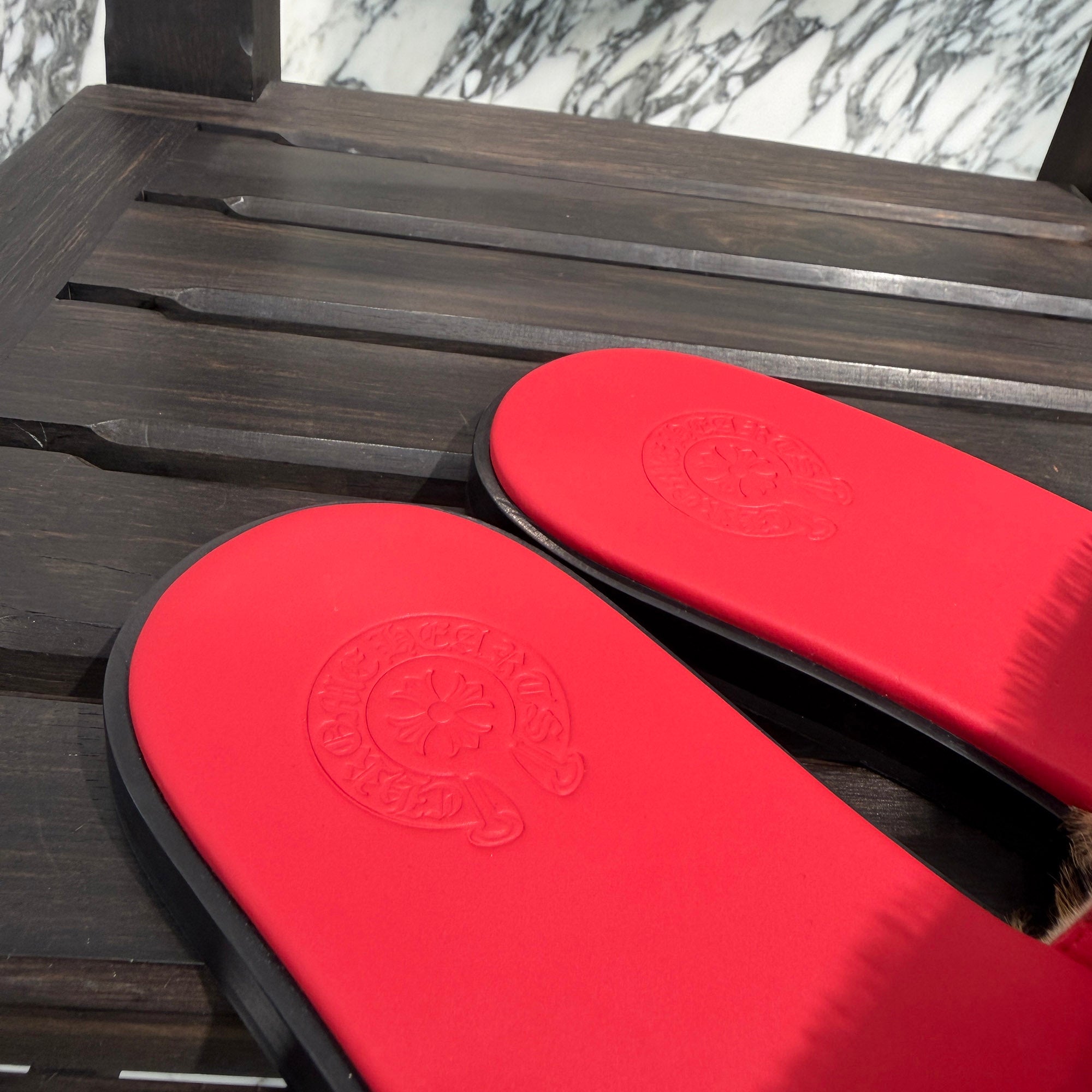 CHROME HEARTS Leather Cross Patch Harako Leather Flat Sandals Size