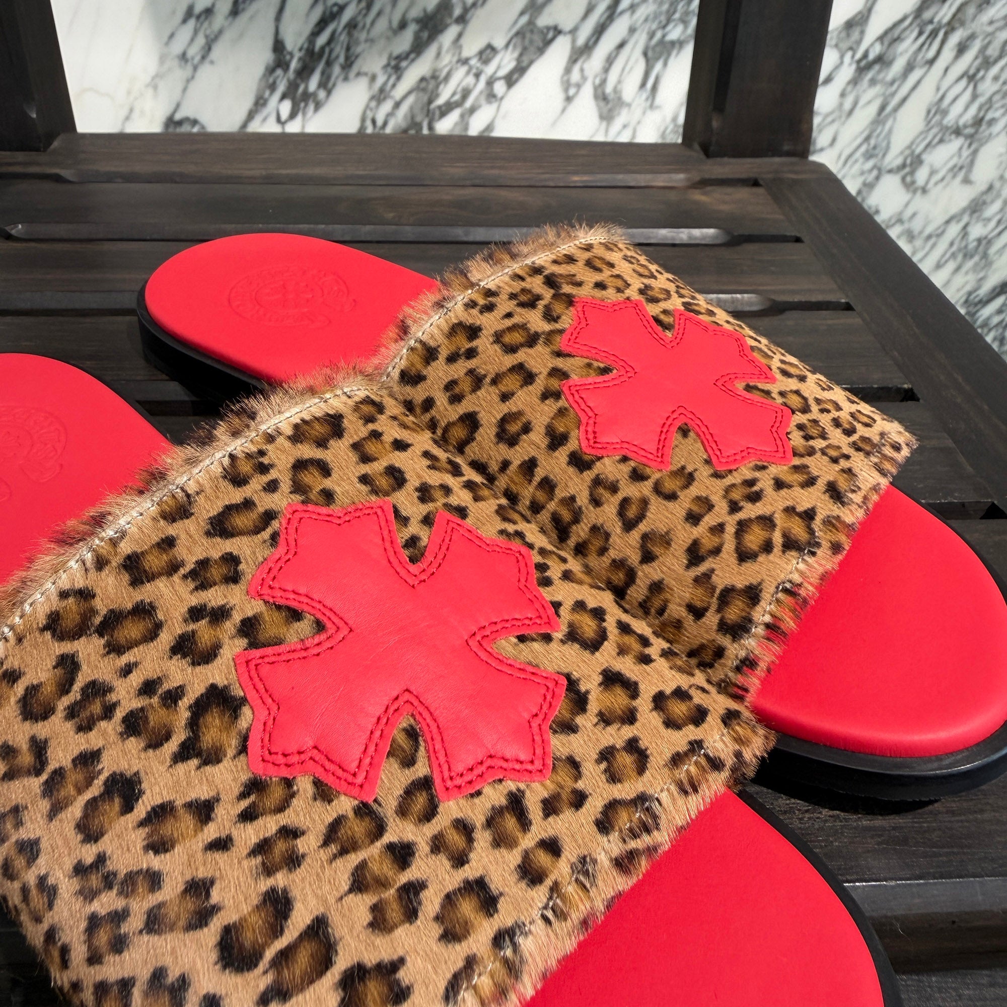 CHROME HEARTS Leather Cross Patch Harako Leather Flat Sandals Size