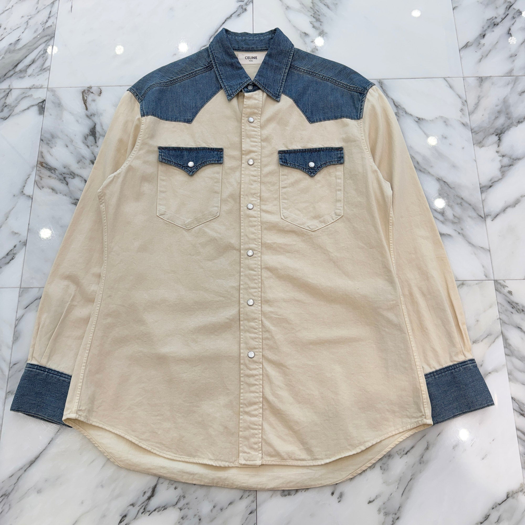 CELINE 2022SS Denim Accented Western Shirt 2T227362M Size XS セリーヌ デニムアクセント ウェスタンシャツ サイズXS