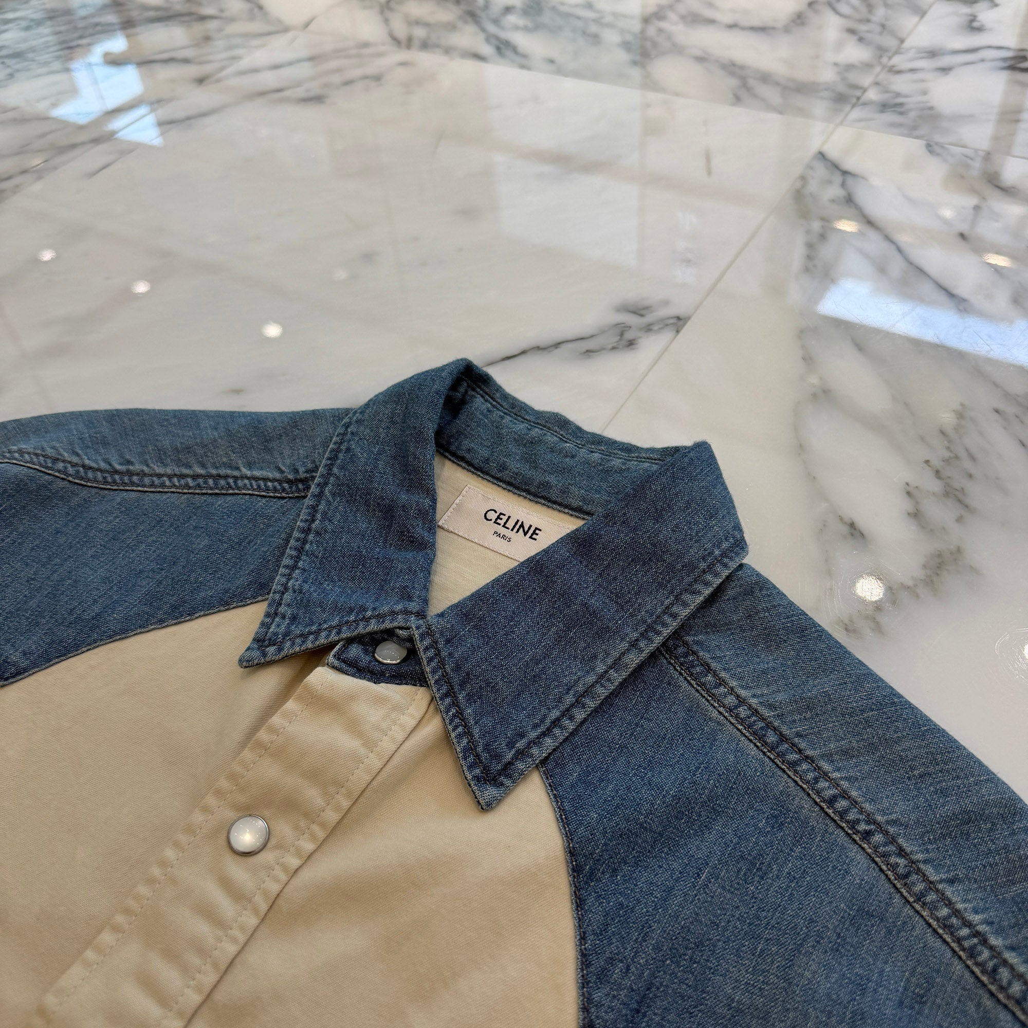 CELINE 2022SS Denim Accented Western Shirt 2T227362M Size XS セリーヌ デニムアクセント ウェスタンシャツ サイズXS