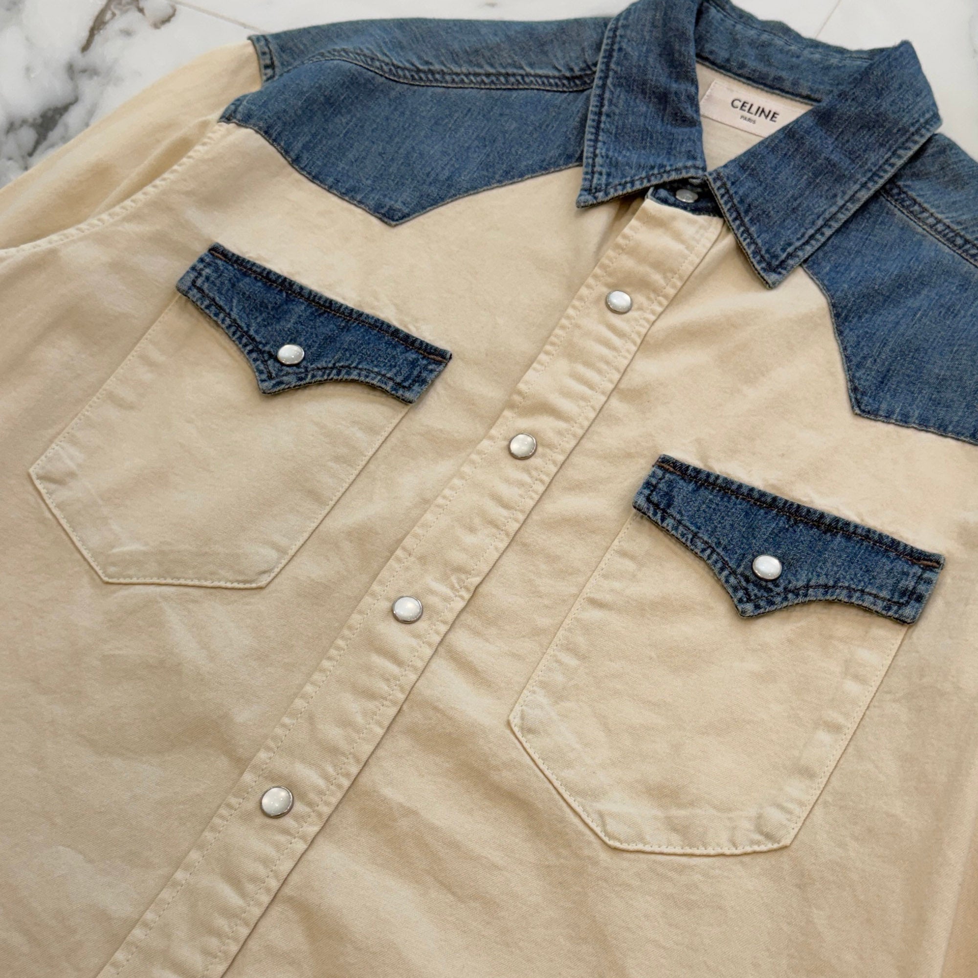 CELINE 2022SS Denim Accented Western Shirt 2T227362M Size XS セリーヌ デニムアクセント ウェスタンシャツ サイズXS